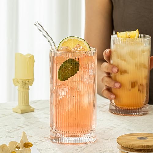 Miniatura 5 de KEMORELA Juego de cristalería vintage acanalada, vasos XL de 16 onzas con pajitas, cristalería acanalada, juego de 4, tazas de vidrio, tazas de café