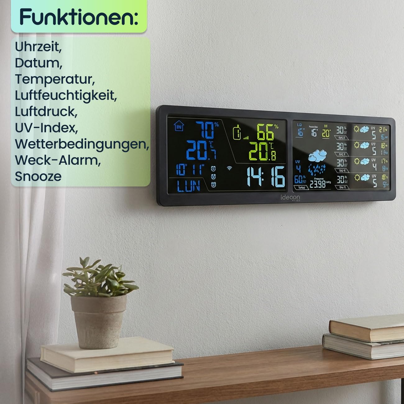 ideoon WLAN Wetterstation mit App & XXL Display: Tuya Smart Home, Aussen-Sensor, Weck-Alarm - Temperatur, Feuchtigkeit, UV Index, Wettervorhersage & mehr