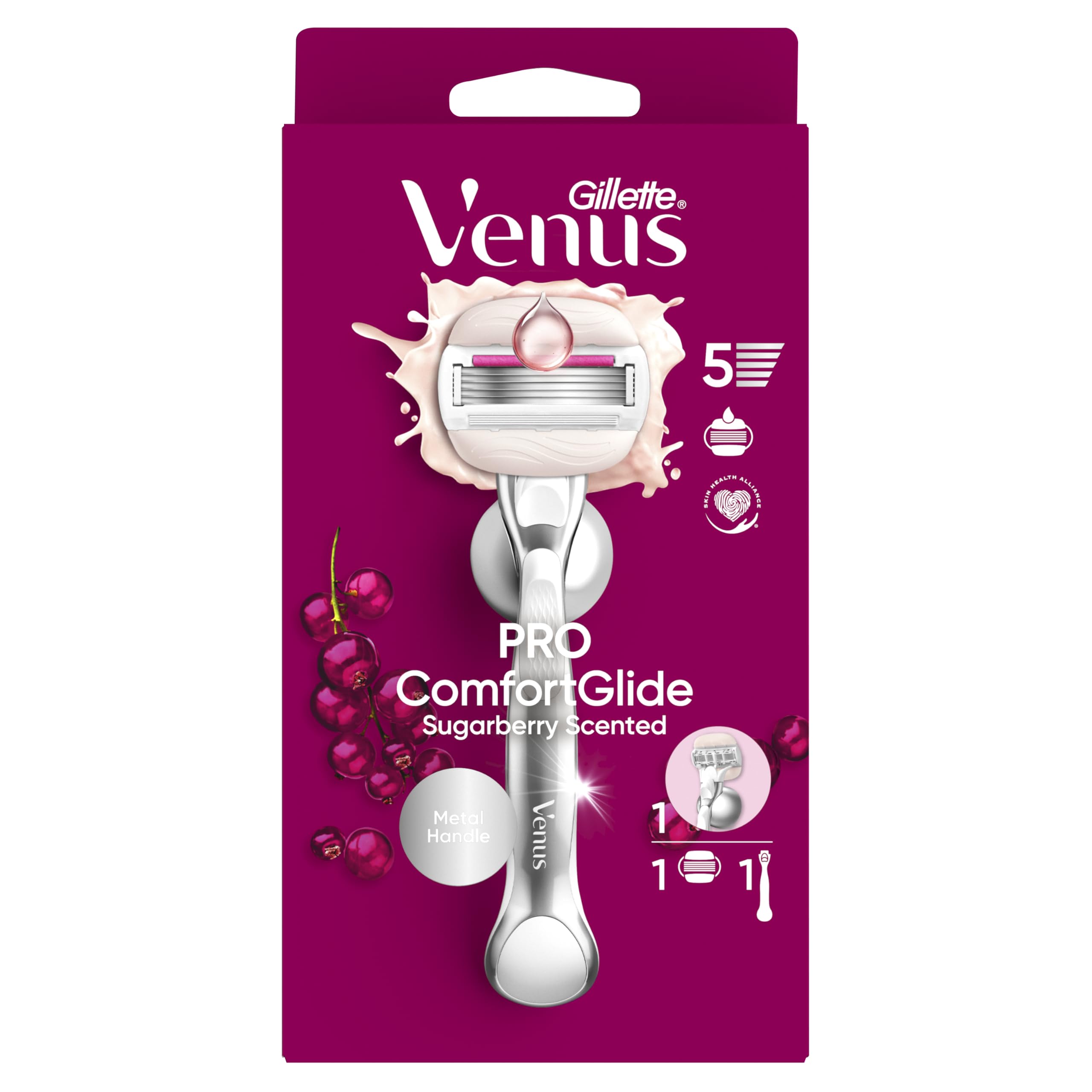 Gillette Venus Golarka damska Pro ComfortGlide Perfumy Sugarberry, metalowy uchwyt wielokrotnego użytku i zestaw 6 wkładów z 5 ostrzami i olejem arganowym, delikatne golenie, pielęgnacja skóry suchej