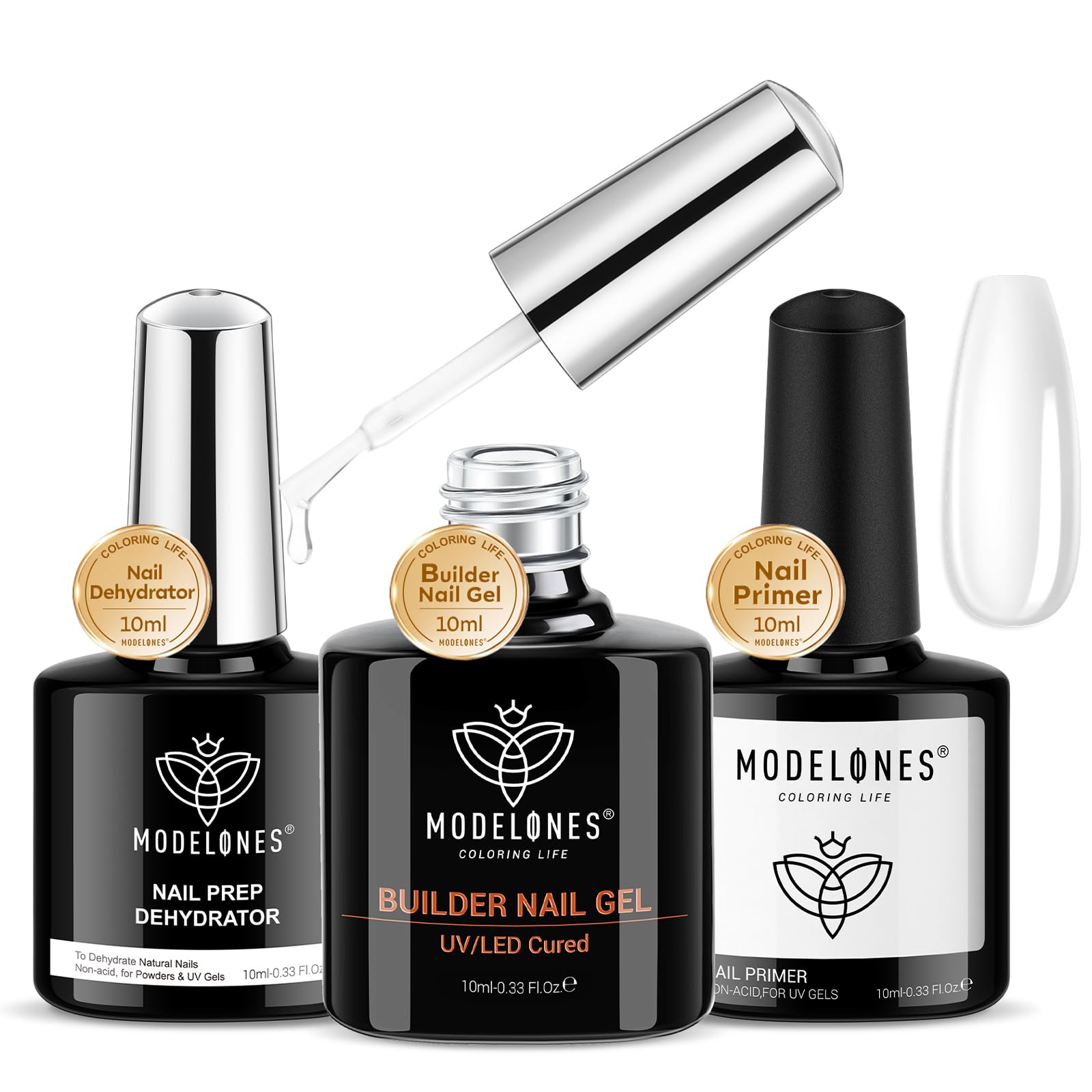 Modelones Gel Constructor Uñas, Builder Gel Uñas, Rubber Base de Gel para Uñas, Refuerzo Uñas Semipermanentes, Gel para Extensión de Uñas y Primer Deshidratador Uñas Semipermanente-Transparente