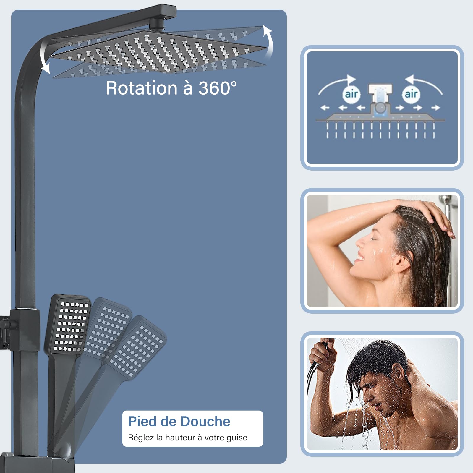 Noir Colonne de Douche Thermostatique avec Mélangeur Ensemble de Douche Réglable en Hauteur Pluie Pommeau de Douche Carré avec Douchette à main Acier Inoxydable