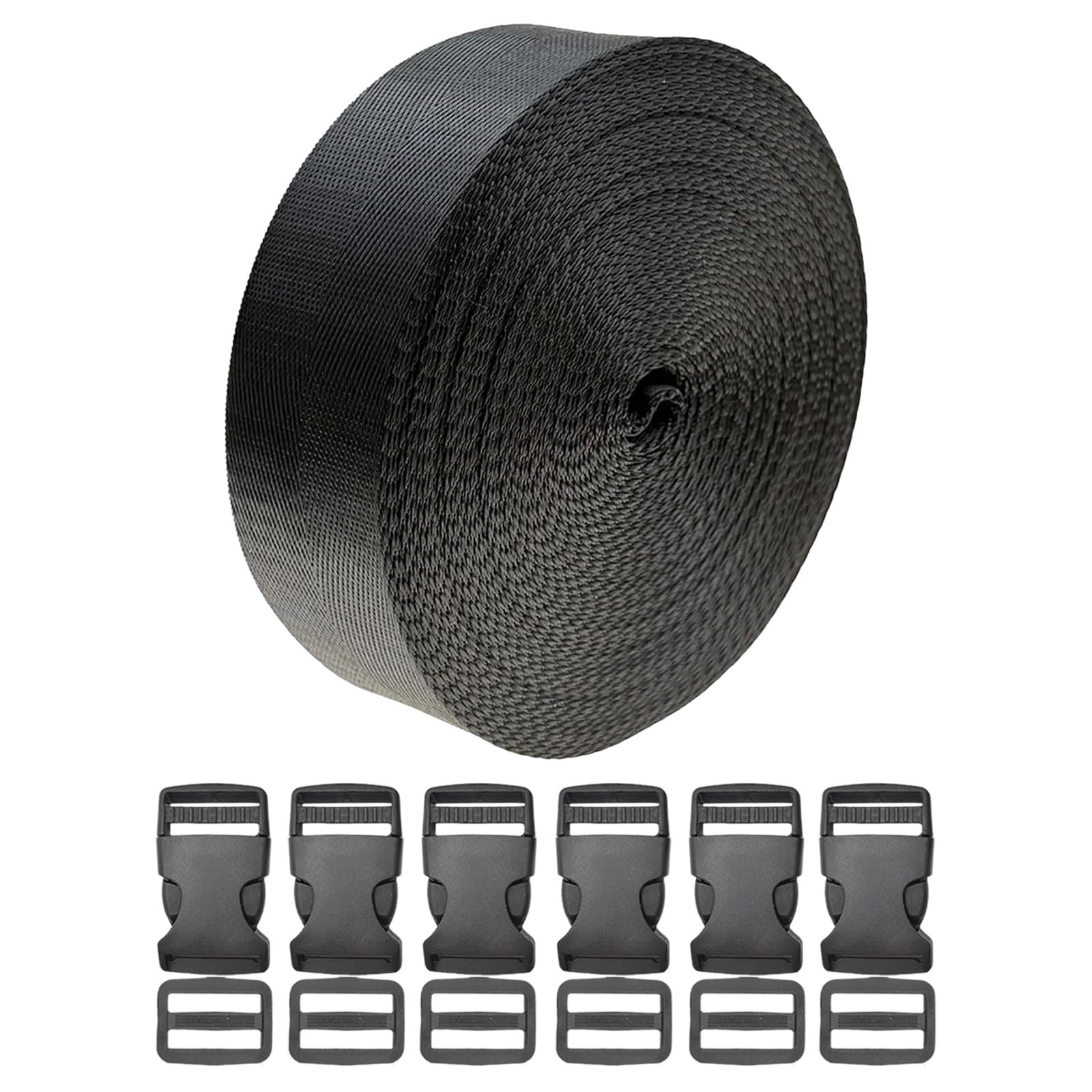カバンテープ 6M 25mm ワンタッチ式バックル アジャスター 6 セット (幅25mm 黒)