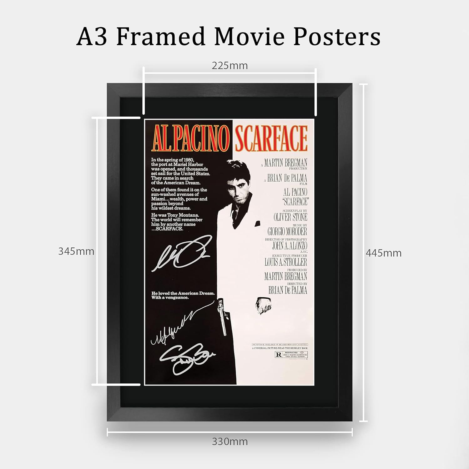 HWC Trading Scarface Movie PosterAl Pacino Steven Bauer Michelle Pfeiffer Signed 16 x 12 inch Framed Gift Printed Autograph Film Print Photo Picture Display - 16" x 12" Framed