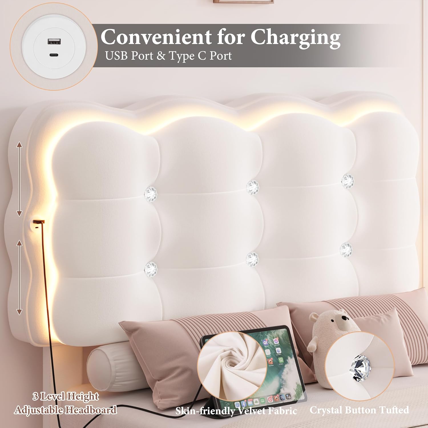 HIFIT 2 Set Upholstered Twin Size LED Bed Frame with Charging Station, Adjustable Crystal-Tufted Puffs Headboard, Velvet Girls Floating Twin Platform Bed Frames for Kids with Under Bed Lights, Beige