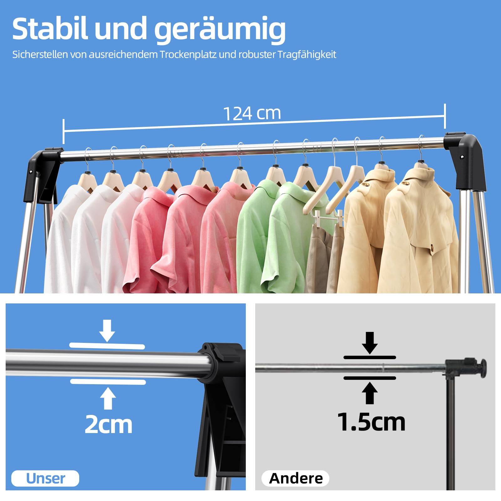 SYKIARIOL Wäscheständer, waeschestaender für platzsparende Aufbewahrung, Wäscheständer Klappbar aus Edelstahl, kleiderständer zusammenklappbar für Reisen, Camping, Lange Wäsche, 140cm hoch