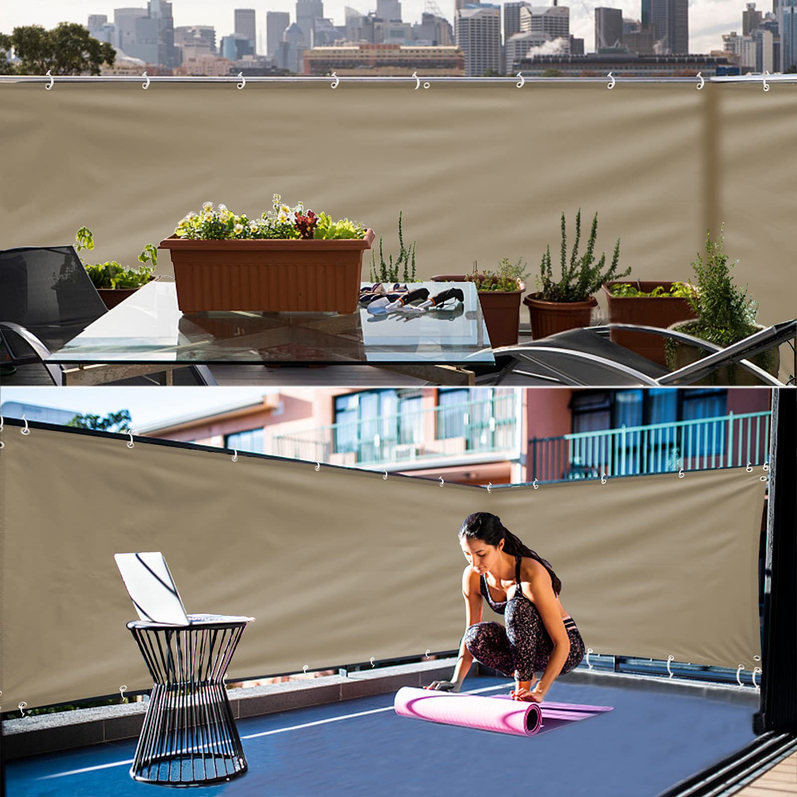 Copertura in rattan color cachi per balcone, 90 x 1200 cm, protegge dai raggi UV e antivento, ideale per ringhiere di balconi all'aperto e Solut