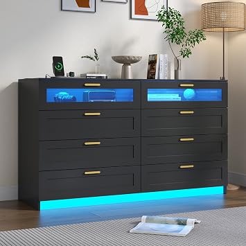 8 Drawers Dresser with Charging Station, Dresser for Bedroom with LED Light