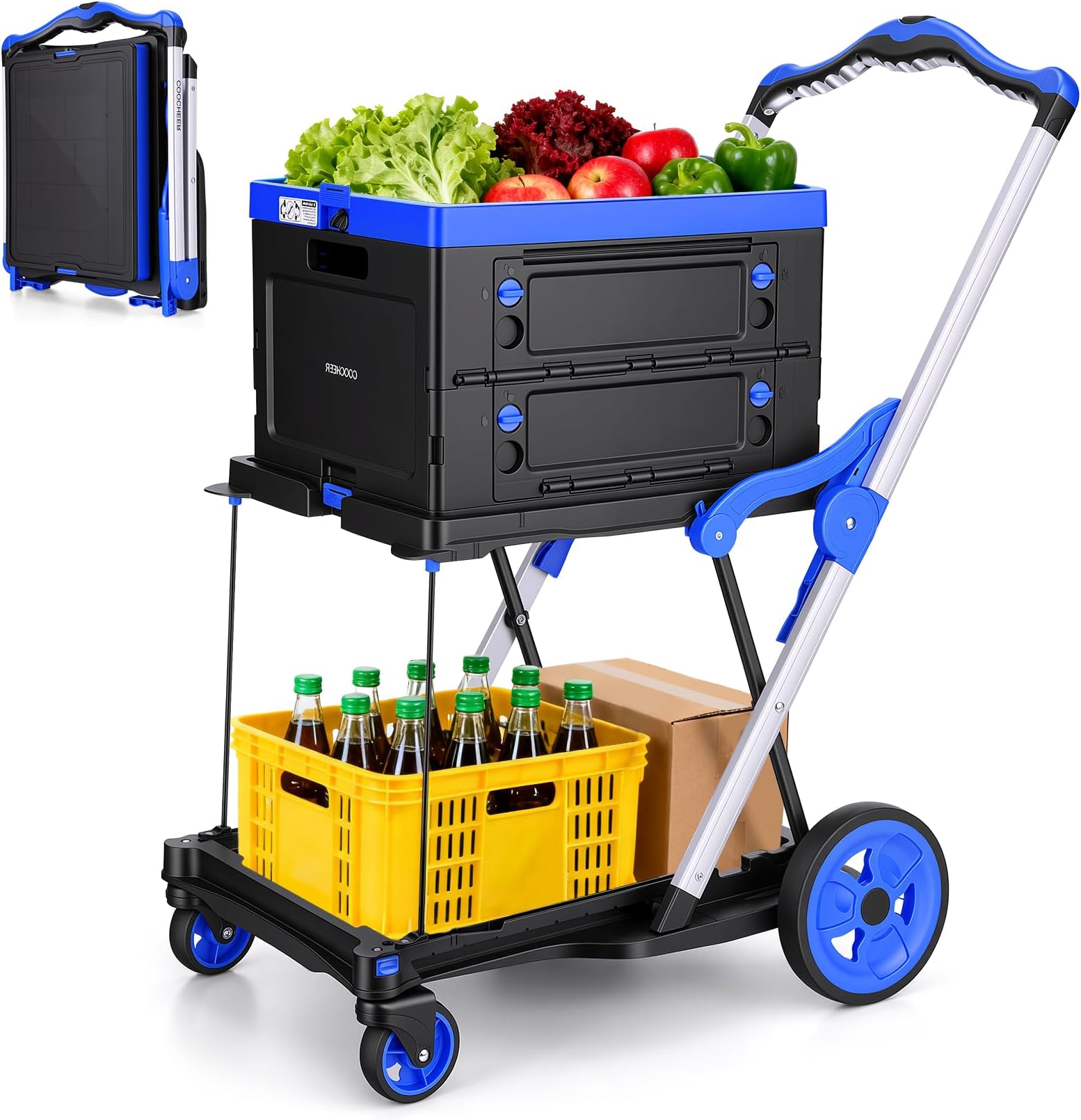 Collapsible Shopping Cart with Wheels Multi use Functional Collapsible Carts Mobile Folding Trolley, Collapsible Hand Truck and Dolly, Grocery Cart with Storage Crate Platform Hand Truck(Blue)