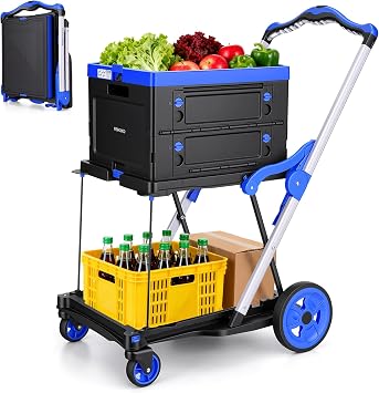 Collapsible Shopping Cart with Wheels Multi use Functional Collapsible Carts Mobile Folding Trolley, Collapsible Hand Truck and Dolly, Grocery Cart with Storage Crate Platform Hand TruckBlue