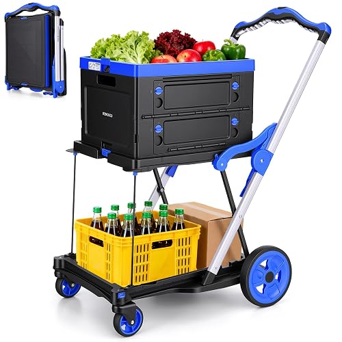 Collapsible Shopping Cart with Wheels Multi use Functional Collapsible Carts Mobile Folding Trolley, Collapsible Hand Truck and Dolly, Grocery Cart with Storage Crate Platform Hand Truck(Blue)