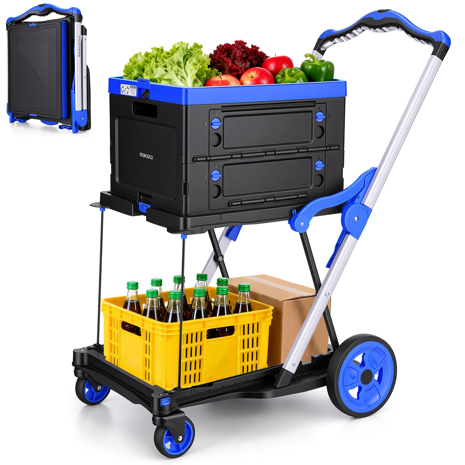 Collapsible Shopping Cart with Wheels Multi use Functional Collapsible Carts Mobile Folding Trolley, Collapsible Hand Truck and Dolly, Grocery Cart with Storage Crate Platform Hand Truck(Blue)