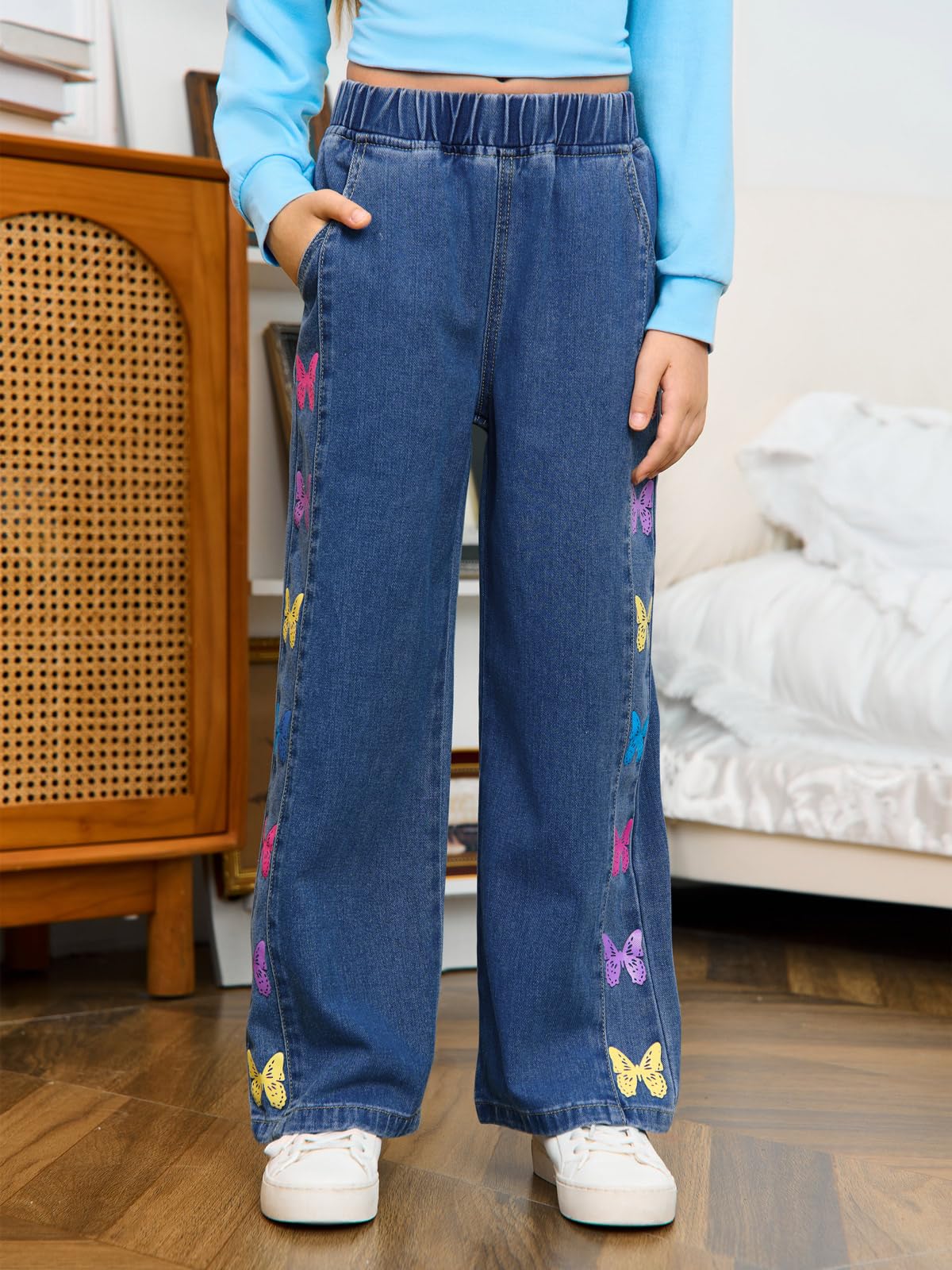 Haloumoning Mädchen Jeans Schmetterlingsprint Denim Hosen Kinder Baggy Jeanshosen weitem Bein Elastisch Streetwear mit Taschen