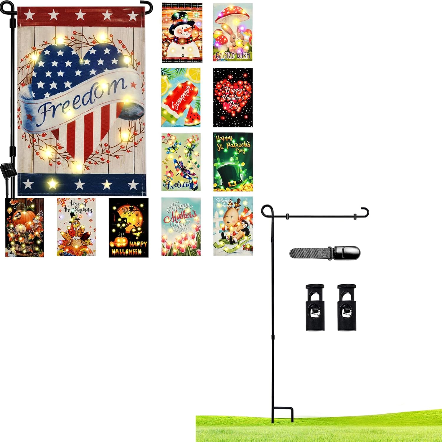 Solar Seasonal Garden Flags Set of 12, Outside Lighted 12×18 Double-Sided Yard Flags All Seasons Spring Welcome Flag with Flagpole for Holiday Decor