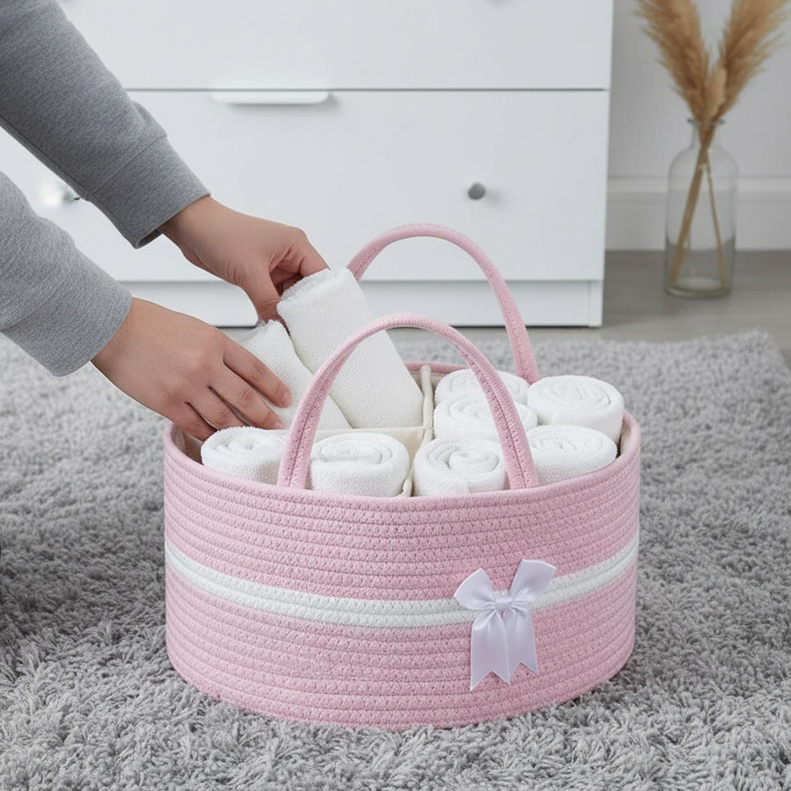 Organizzatore per, Borsa Porta Pannolini, Contenitore Intrecciato, Organizer per Pannolini per Neonati e tiralatte, Bianco Rosa