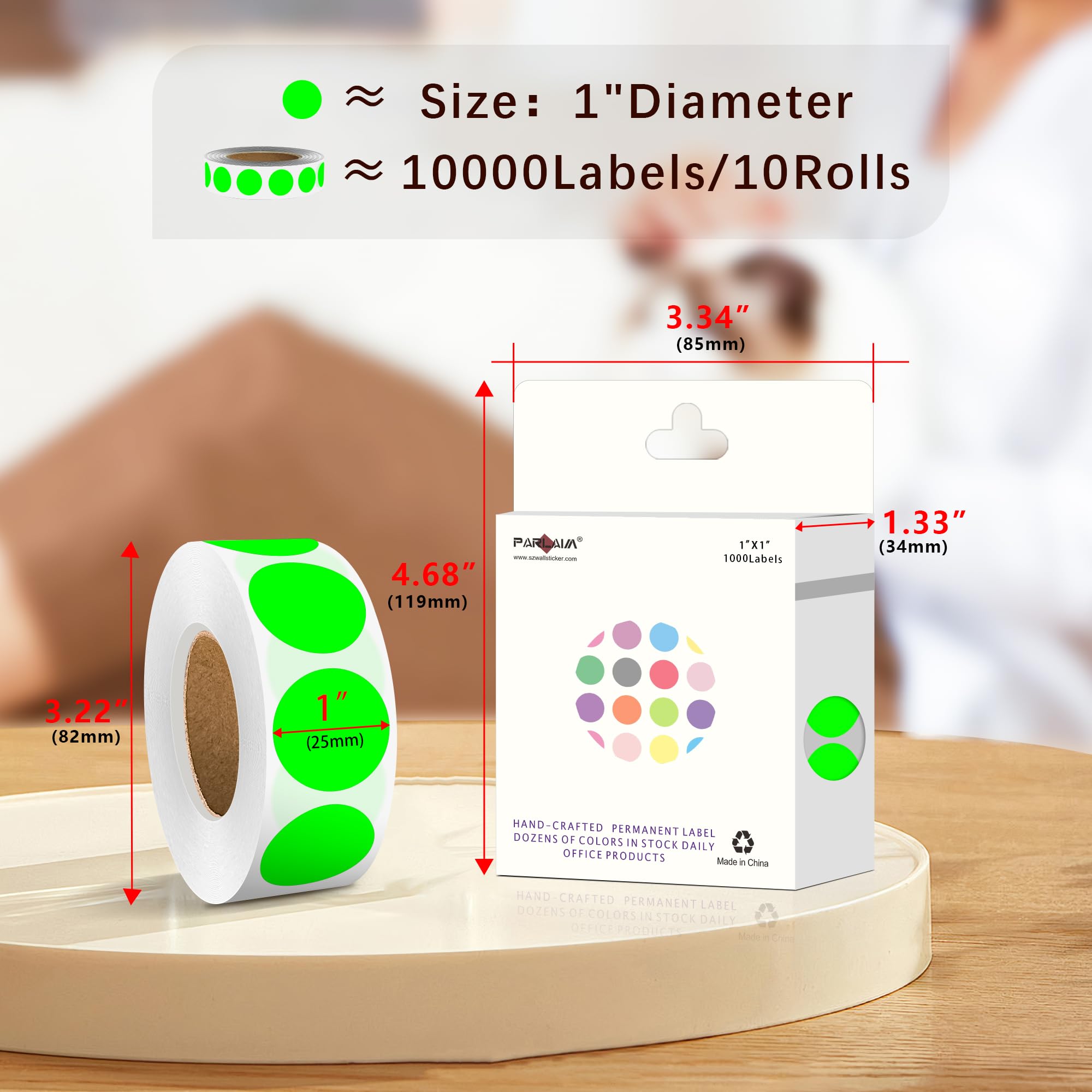 PARLAIM Lot de 10 rouleaux de 10 rouleaux de 10 rouleaux de 10 rouleaux à coder par couleur, boîte distributrice d'étiquettes, vert fluorescent, pour bureau et maison (vert fluo)