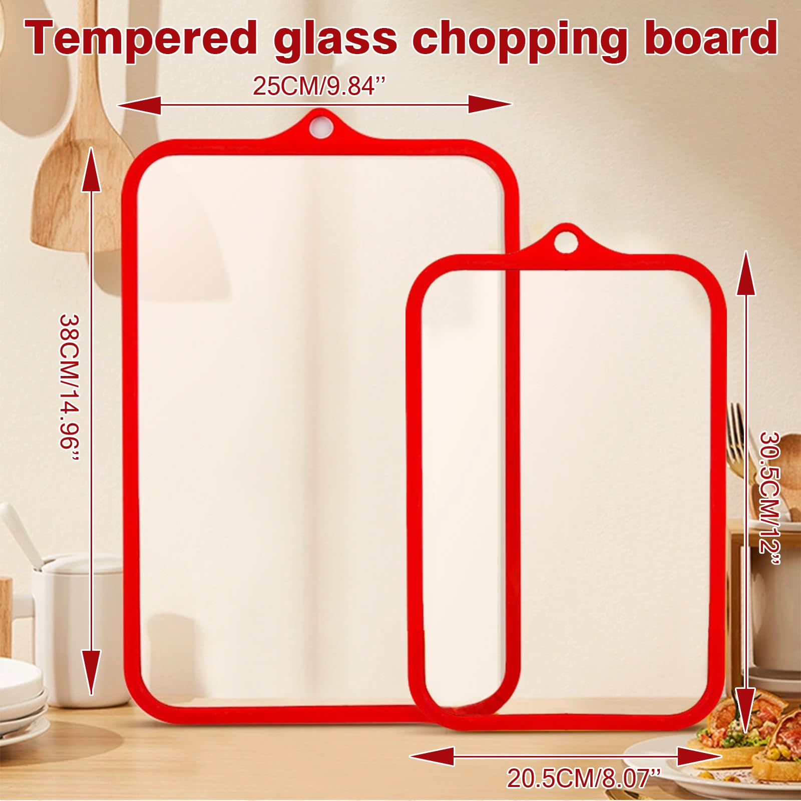 Lot de 2 planches à découper en verre - Passe au lave-vaisselle - 38 x 25 cm et 30,5 x 20,5 cm - Transparent - Verre trempé résistant aux rayures - Hygiénique avec rainure à jus et bord en silicone