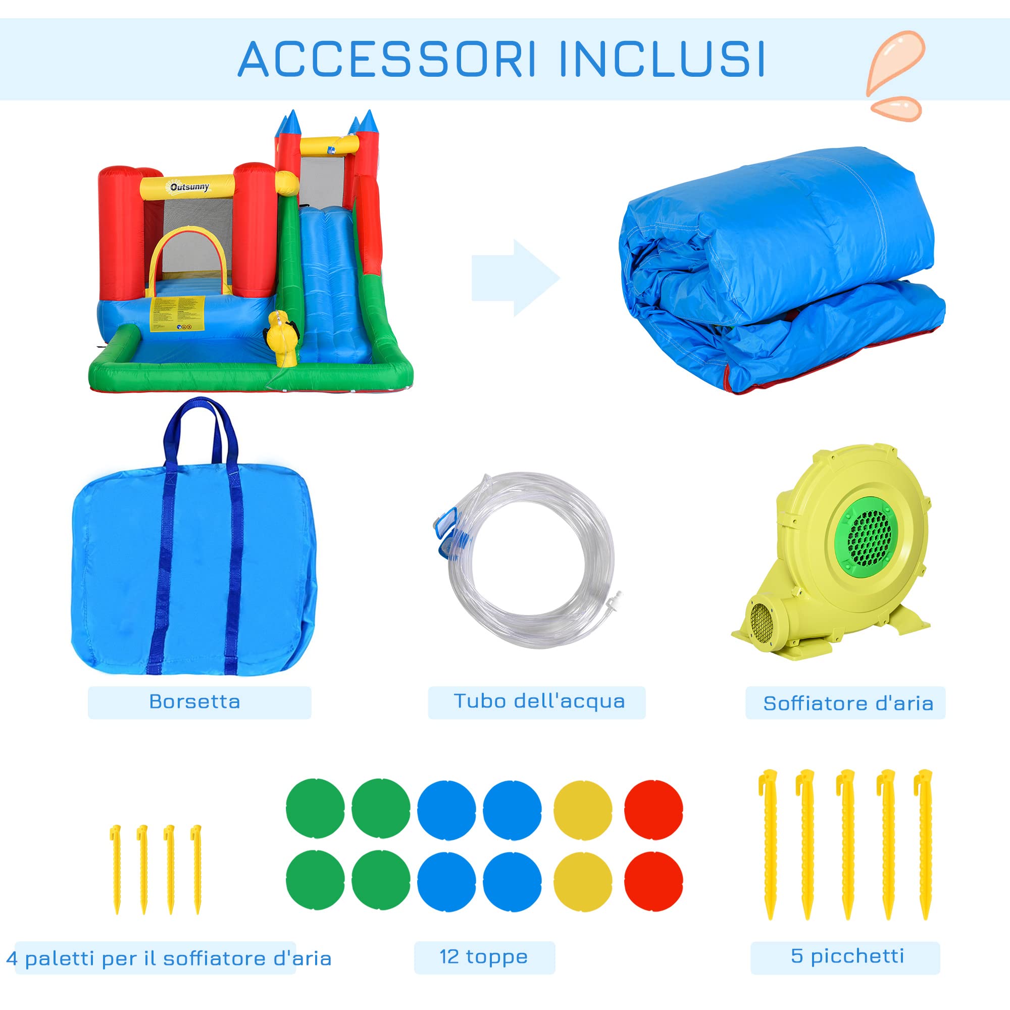 Outsunny Gioco Gonfiabile per Bambini 3-8 Anni con Scivolo, Trampolino, Piscina, max 4 Bambini, 330x245x215cm