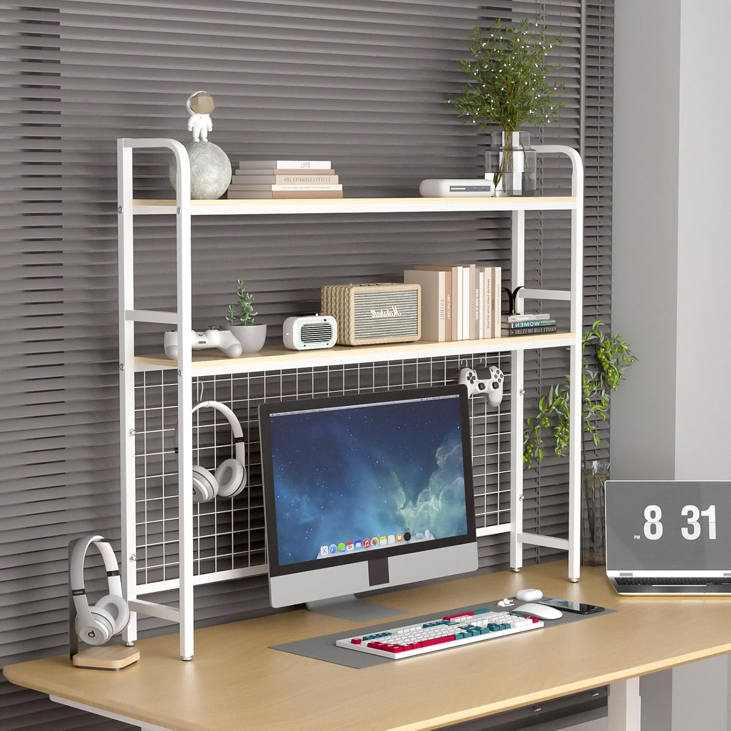 GCCSJ Bookshelf for Desk，2-Tier Desktop Bookshelf Organizer，Multifunctional Desktop Bookcase with Metal Frame & Wood Shelves，Perfect for Organizing Books, Magazines, Office Supplies - White