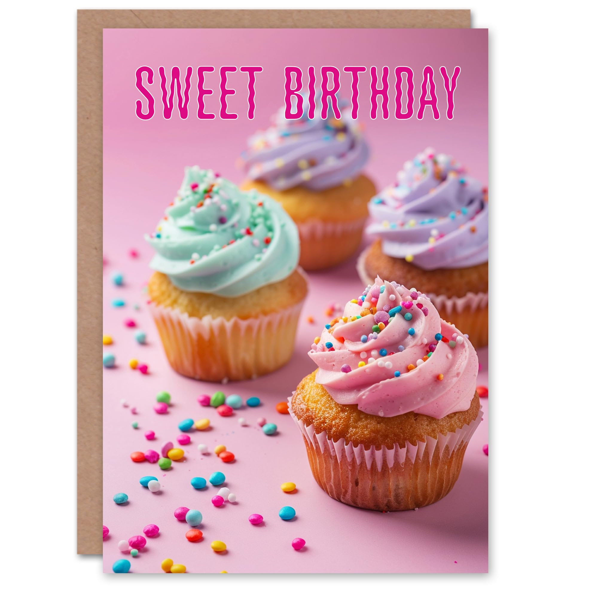 Artery8 Sweet Cupcakes Sprinkle Frosting Pink Delight For Her Woman Birthday Card
