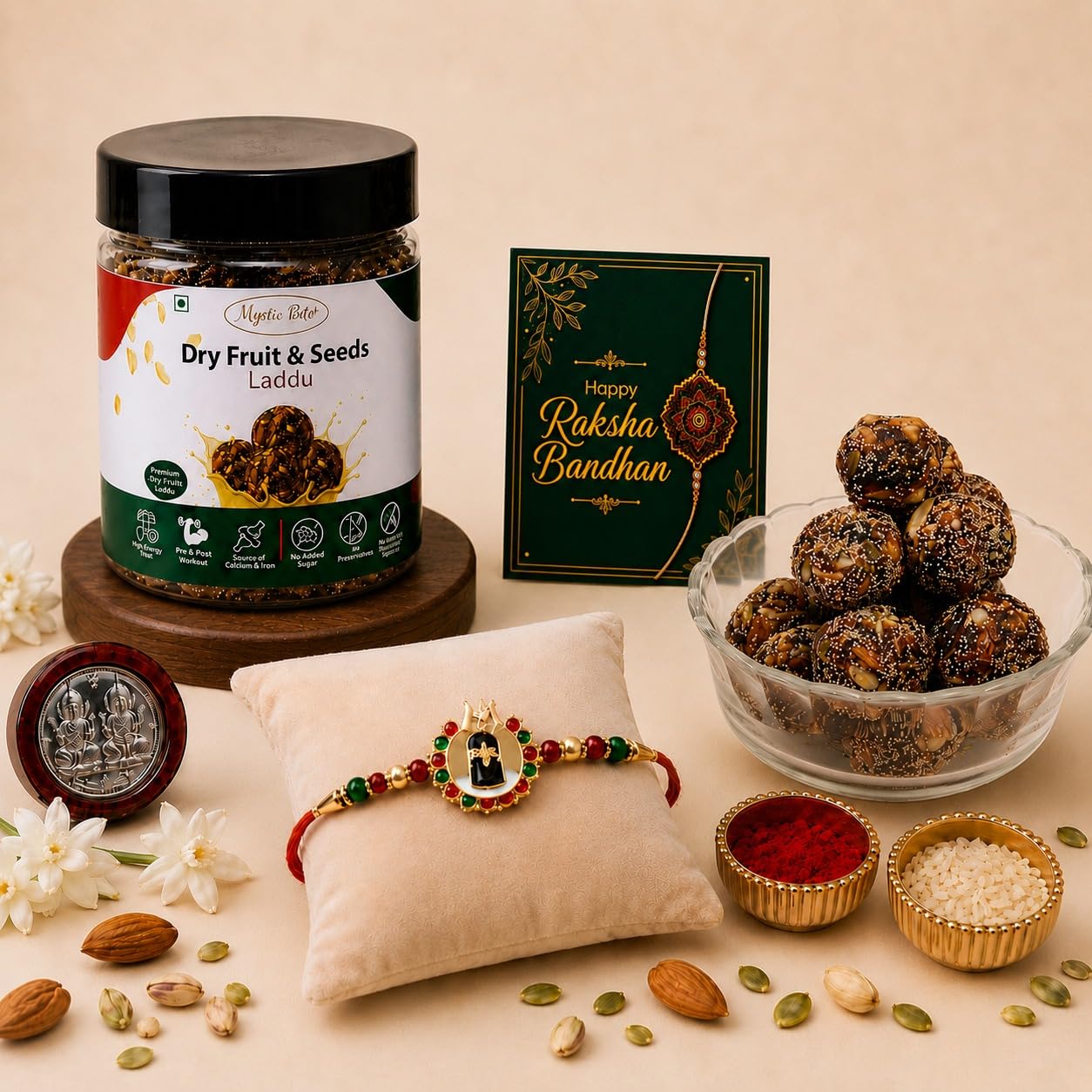Mystic Bite Dry Fruit & Seeds Laddu Rakhi Gift Combo with Divine Mahadev Shivling Designer Rakhi, Silver Tone Coin, Roli Chawal & Greeting Card for Brother-image-20