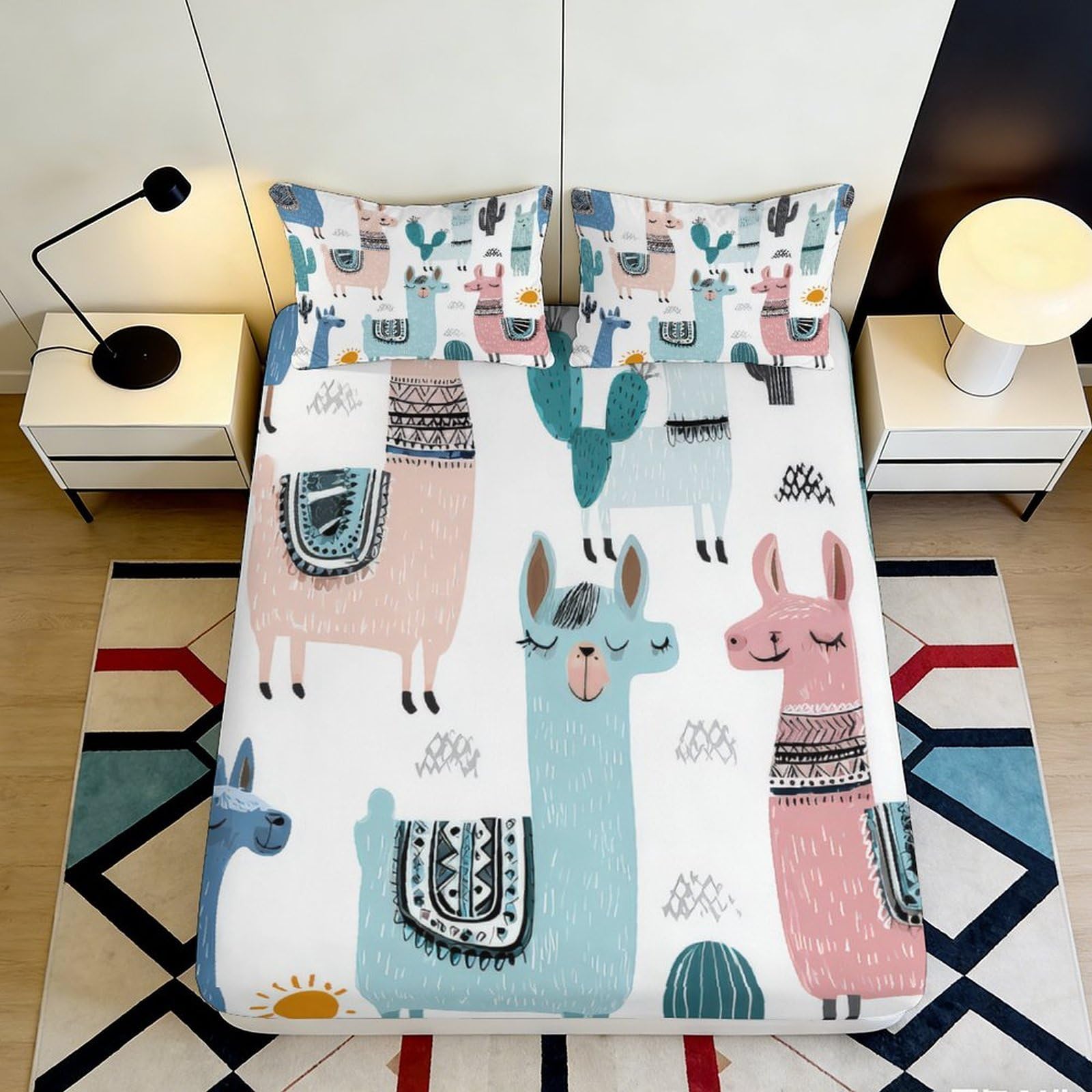 3D Printed Llama Alpaca Cartoon Fitted Sheet Microfiber Soft Pastel Animal Mattress Cover for Bedroom Guest Room Decor 90x200x25cm