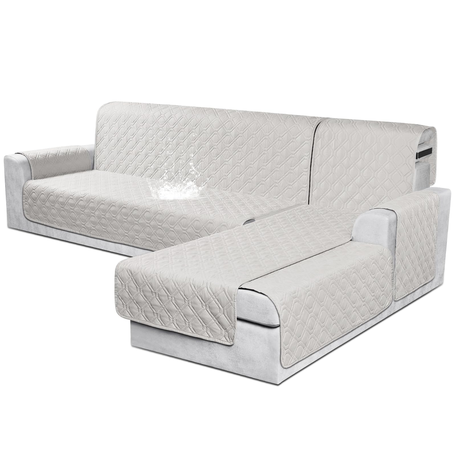 Sectional Couch Covers 100% Waterproof L Shaped Sofa Slipcover 3pcs Reversible Chaise Lounge Cover for Sectional Sofa Furniture Protector Cover for Pets Dog Cat(Large, Off White)