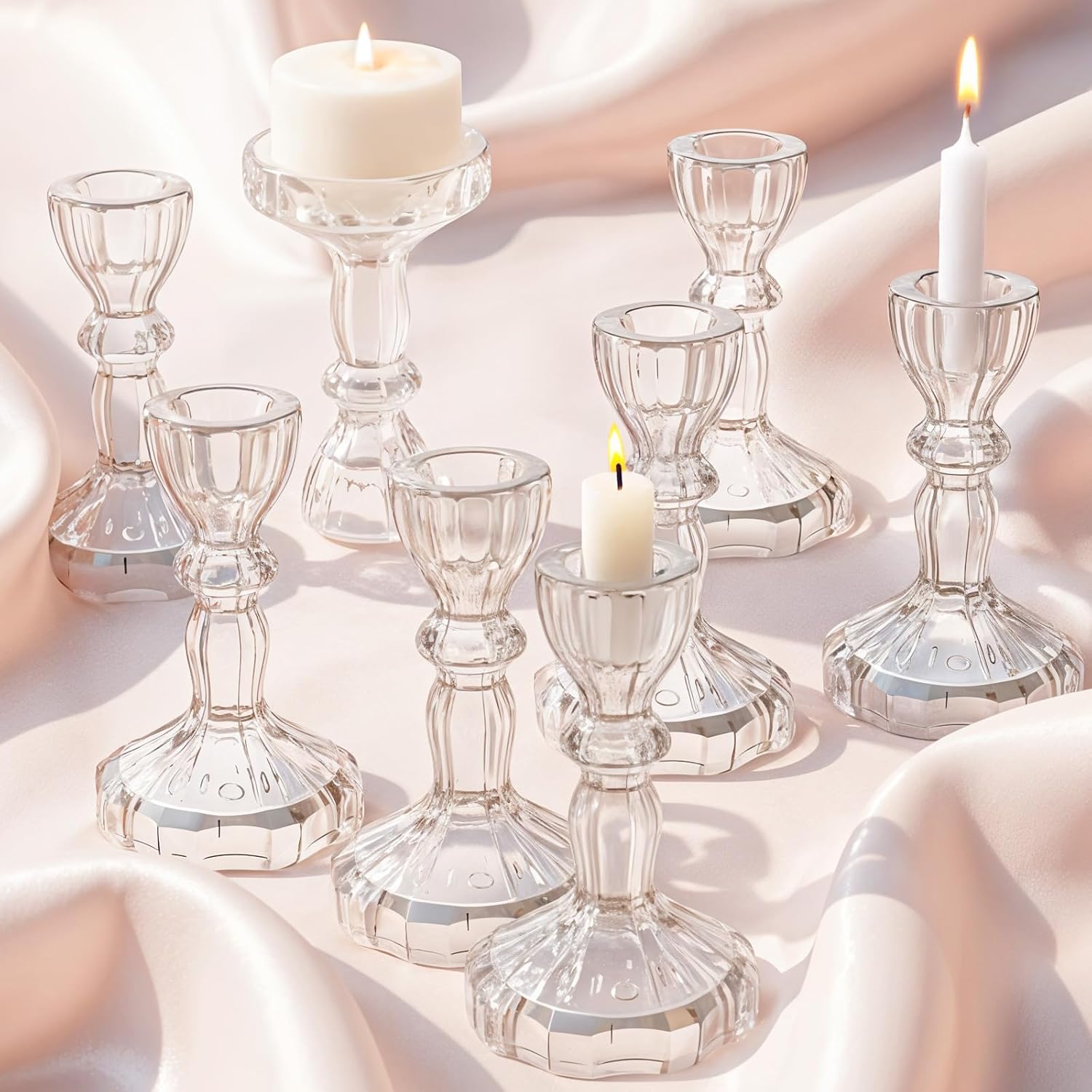 8 PCS 4 Inch Tall Glass Taper Candle Holders, Clear Crystal Candlestick Holders Table Centerpiece for Wedding Party Christmas Festival & Windowsill Decor