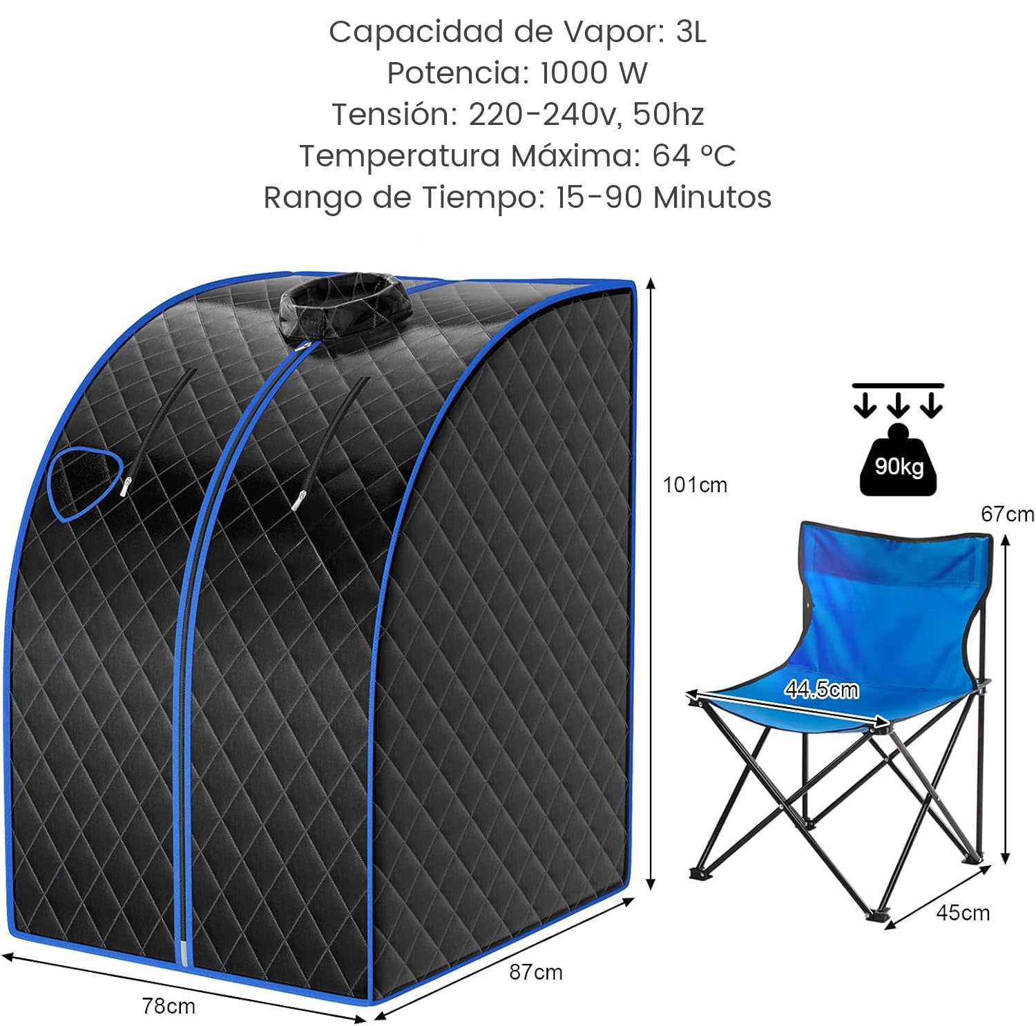 RELAX4LIFE Mini Sauna de Vapor 3L con Temporizador 15-90min y Temperatura Ajustable en 9 Niveles, Sauna Portátil 1000 W con Mando a Distancia y Múltiples Accesorios (Negro)
