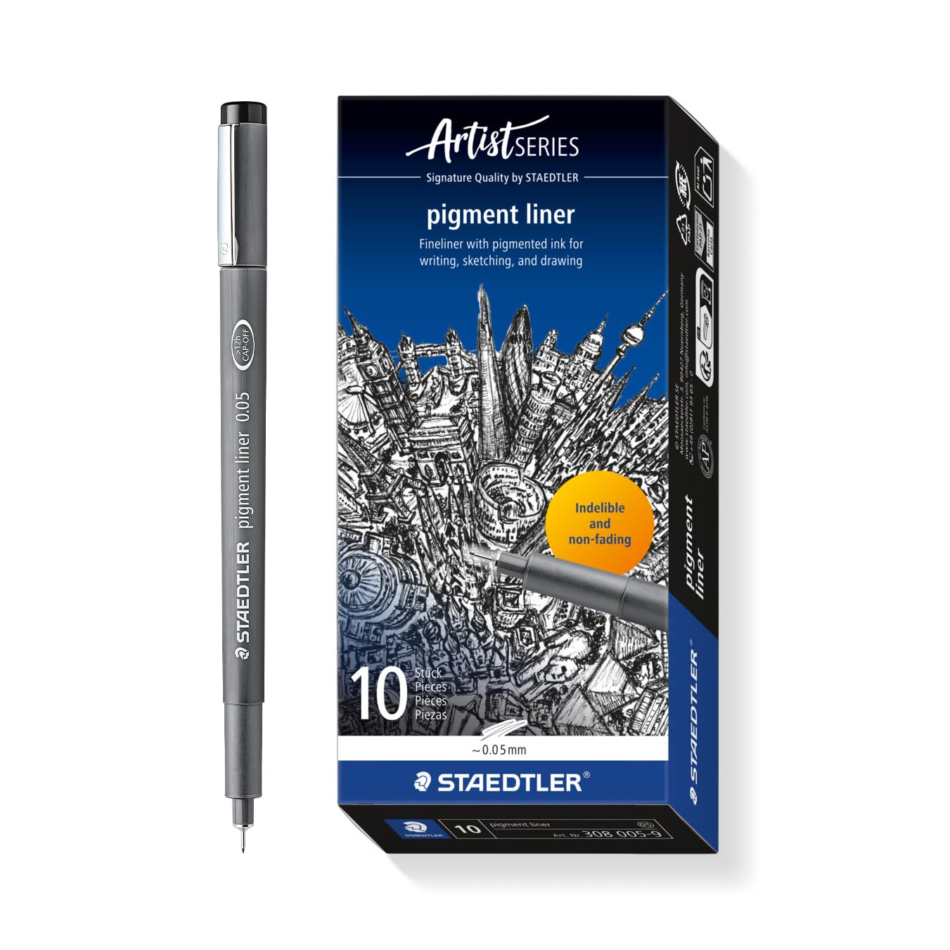 STAEDTLER 308 005-9 Pigment Liner Fineliner Pen for Writing & Technical Drawing - Black, 0.05mm (Box of 10)