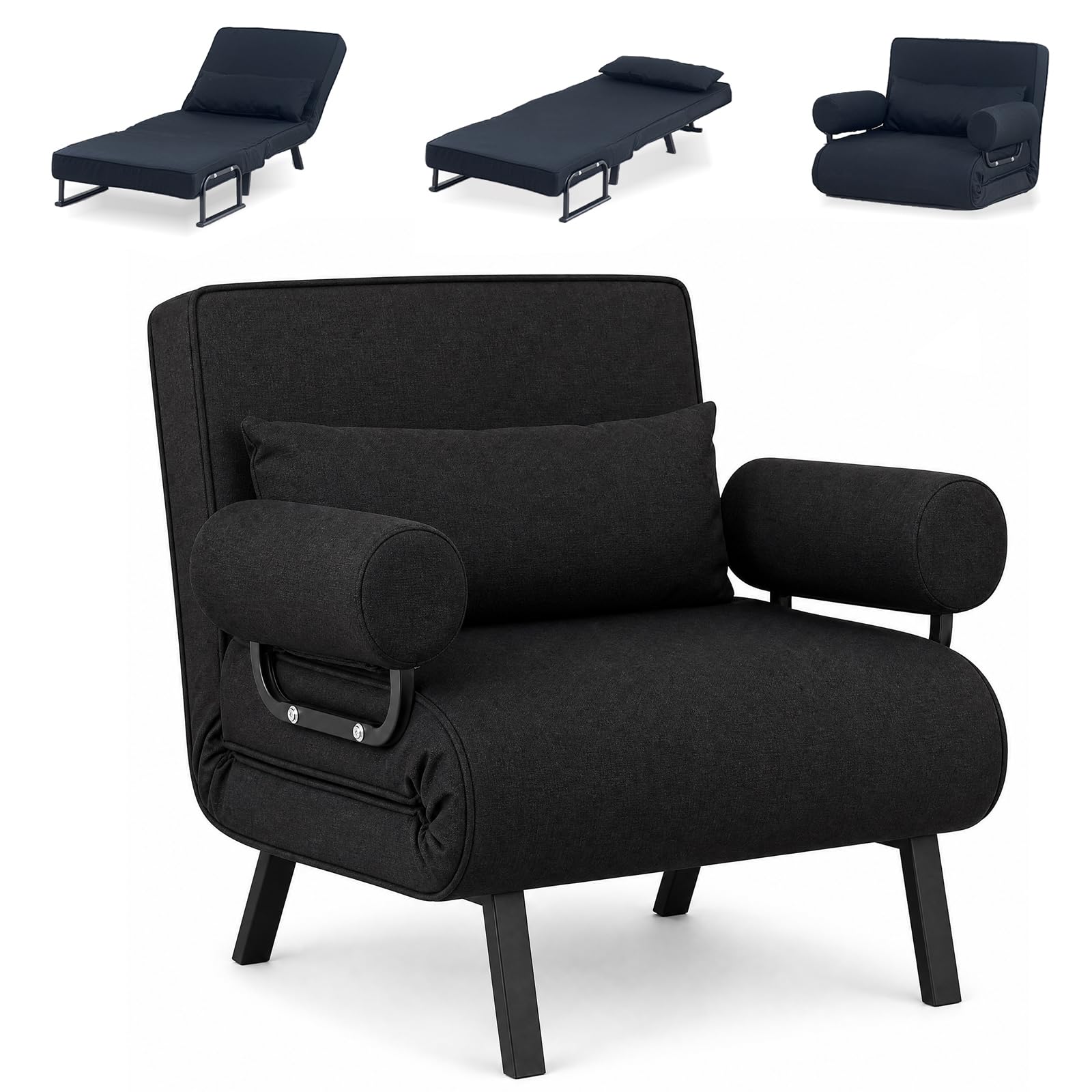 BSTSEL 4 in 1 Convertible Sofa Bed Folding Sofa Chair Bed Padded Seat, Armrests & Pillow Adjustable 6-Position Backrest Recliner Lounge Couch Guest Sleeper Armchair for Home Office (Black, 65cm)