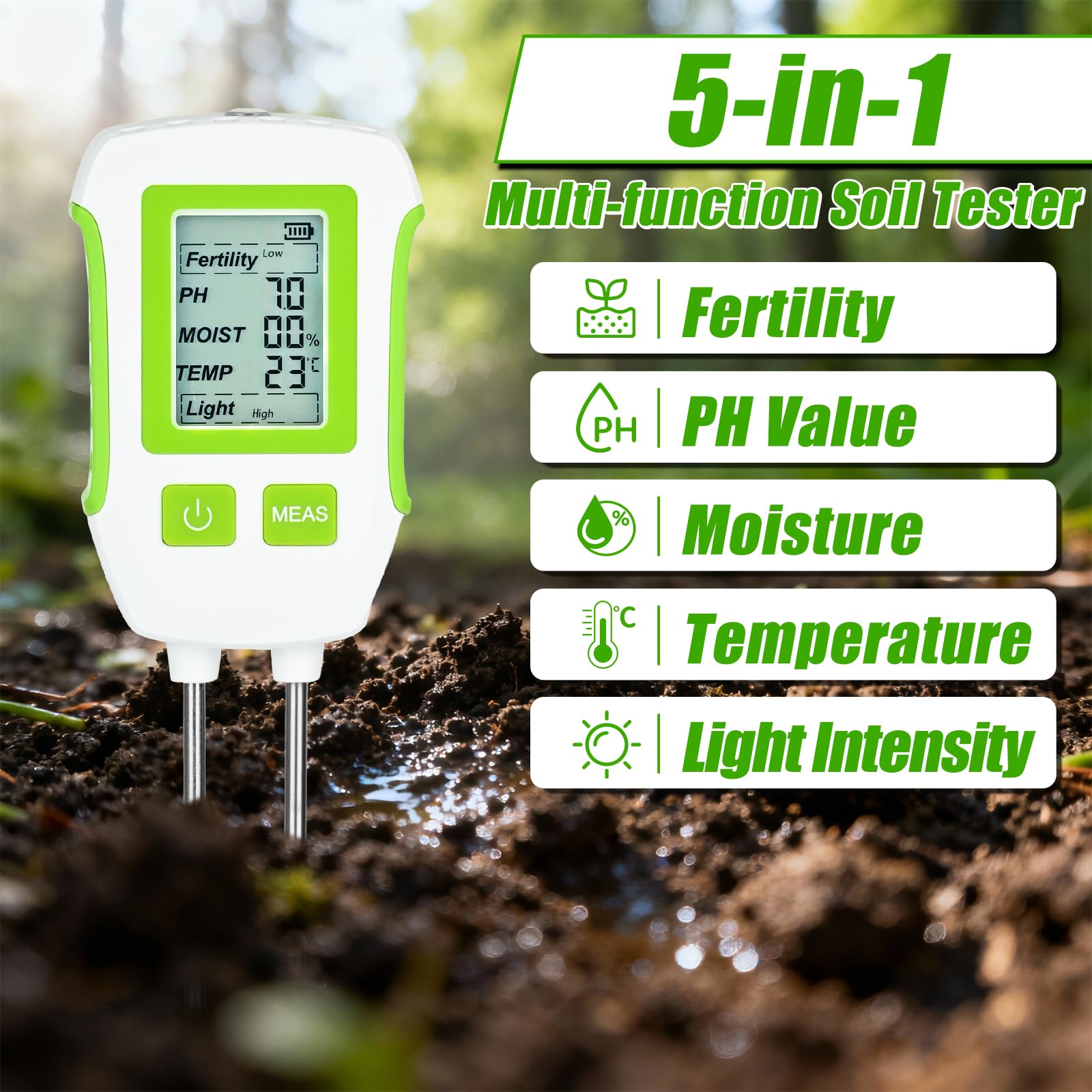 PATEMZON Testeur de Sol Numérique 5 en 1, Testeur Humidité Sol Plante, Mesure pH du Sol, Fertilité du Sol/Humidité/pH/Température/Lumière Solaire, Hygrometre Plante pour Jardinage Ferme Pelouse