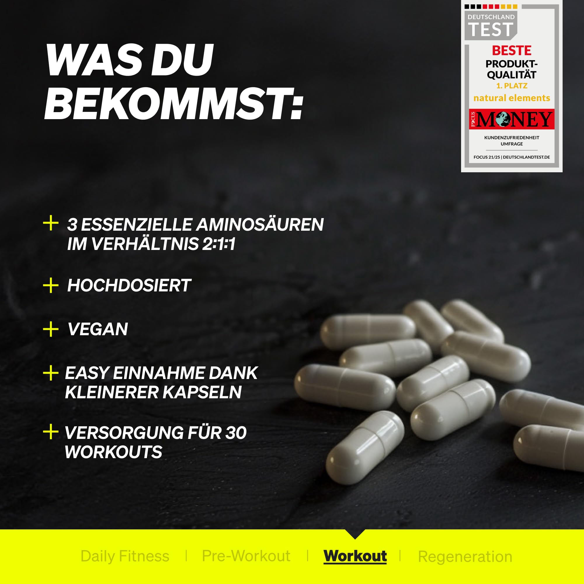 natural elements BCAA – 360 kleine Kapseln – essenzielle Aminosäuren – Leucin, Isoleucin & Valin – hoch bioverfügbares 2:1:1-Verhältnis – vegan, hochdosiert, ohne unnötige Zusätze, laborgeprüft