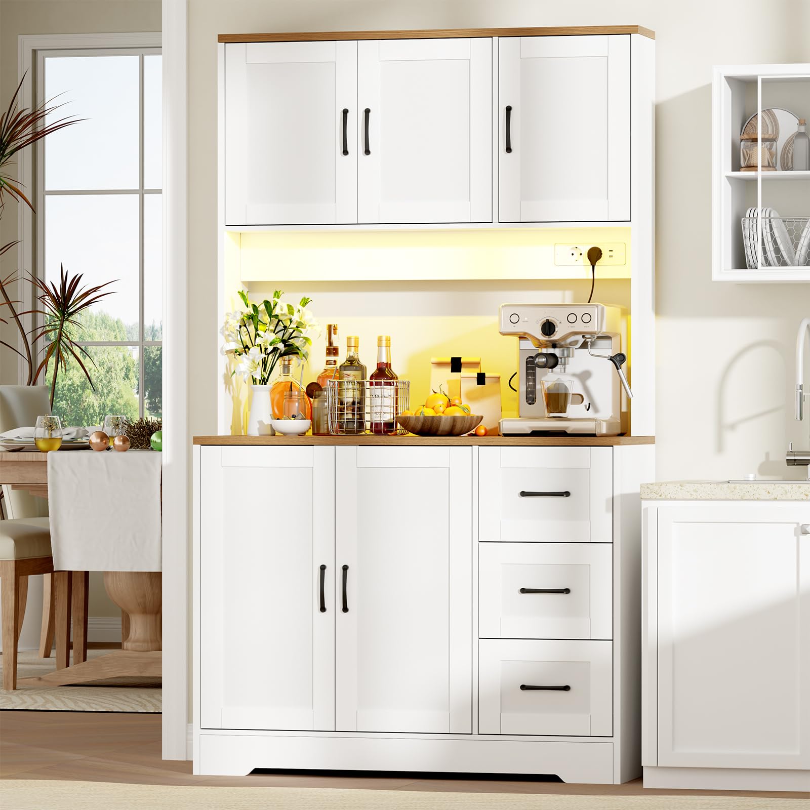 BEWISHOME Credenza Cucina Soggiorno, Alta con Illuminazione a LED, Mobile Dispensa Cucina con 5 Ante e 3 Cassetti, Ripiani Regolabili, con 2 Prese Elettriche e 2 Porte USB, Bianco,100x40x180 cm
