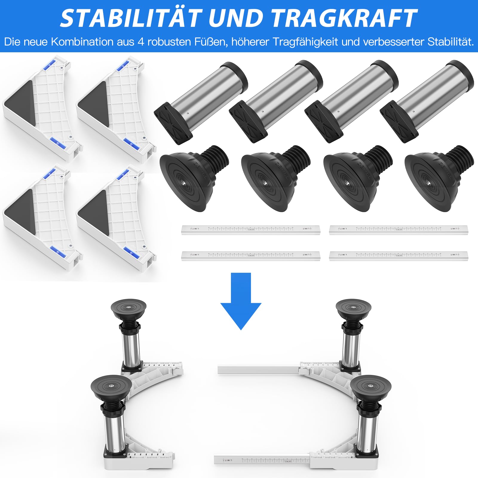 DEWEL Waschmaschinen Untergestell für Kühlschrank Erhöhung Höhe 15-18cm | Verstellbare Waschmaschine Sockel für Trockner und Gefrierschrank, Bärenlast 300kg, Einstellbare Breite 43-62cm, Weiß