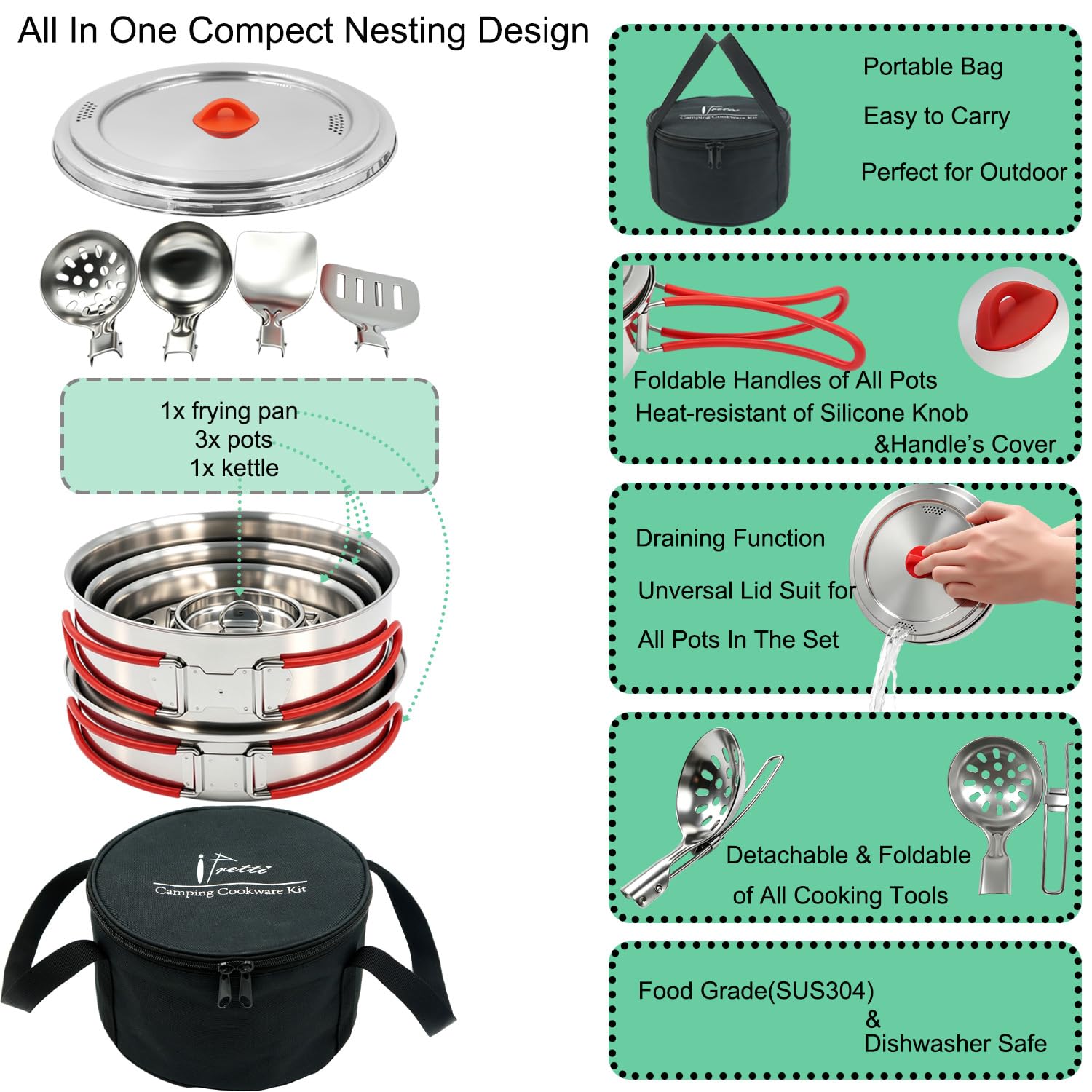 Tragbares Camping-Kochgeschirr-Set aus 18/8 Edelstahl, 11-teilig, stapelbares Design, große Kapazität, Töpfe und Pfanne mit Kessel, kompakt für Picknick und Familien-Kochen im Freien (4–8