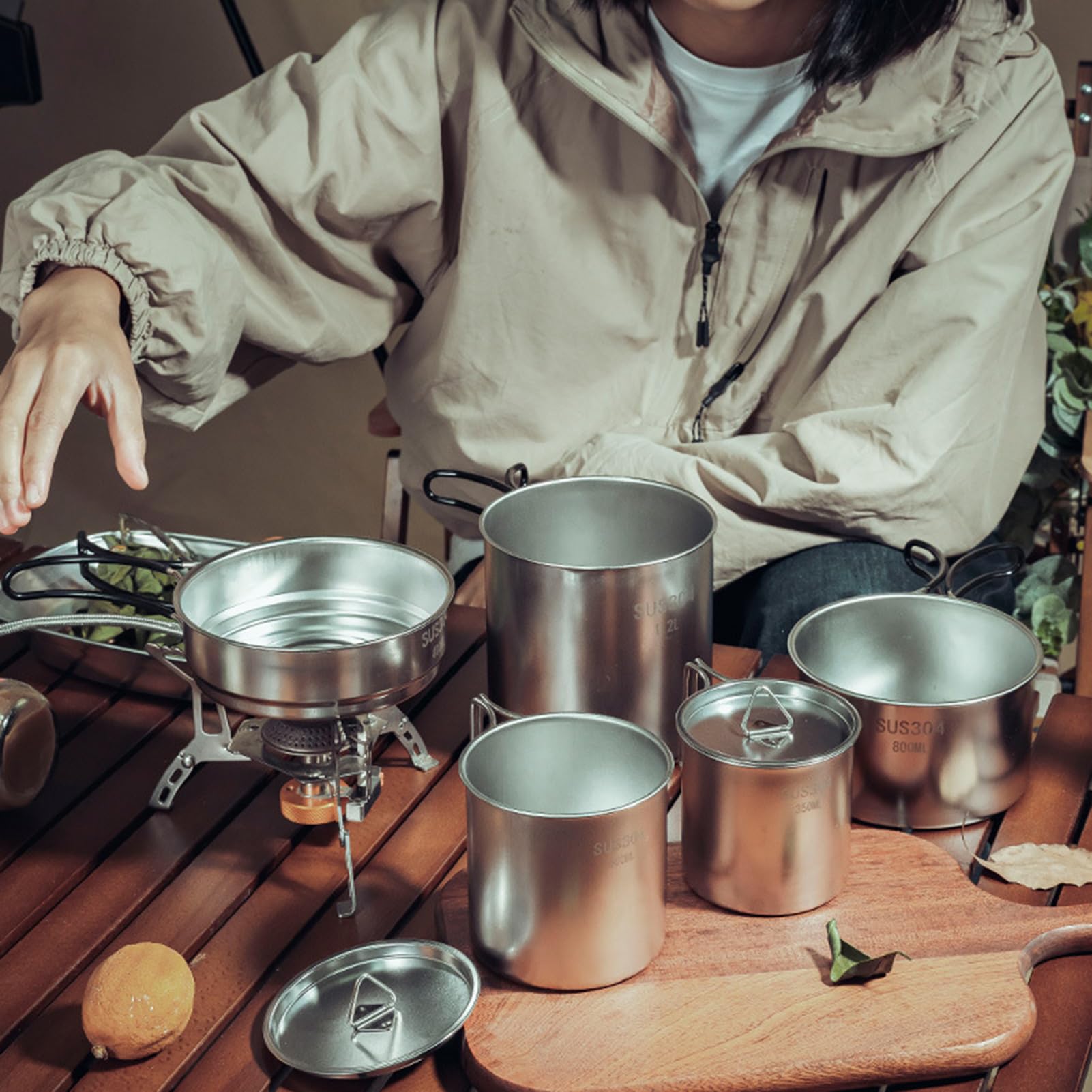 Set di Campeggio in Acciaio Inossidabile con Casseruola, Stufa, Calice e Borsa per Viaggi, Escursioni, Pesca