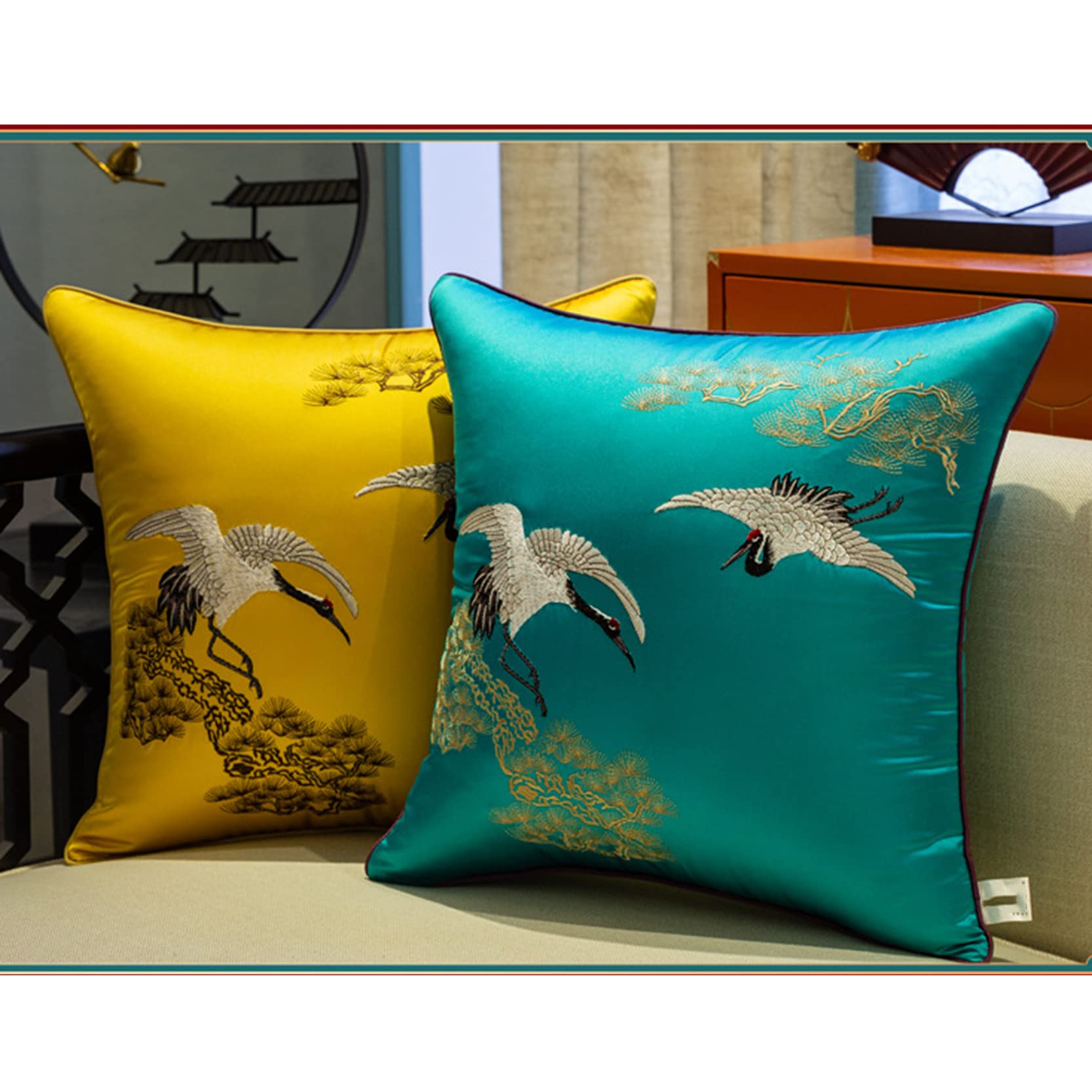 Juego de 2 fundas de cojín de satén decorativas, bordadas, fundas de almohada cuadradas, suaves y transpirables con cierre de cremallera, para sofá, sala de estar, azul lago, 40 x 60 cm