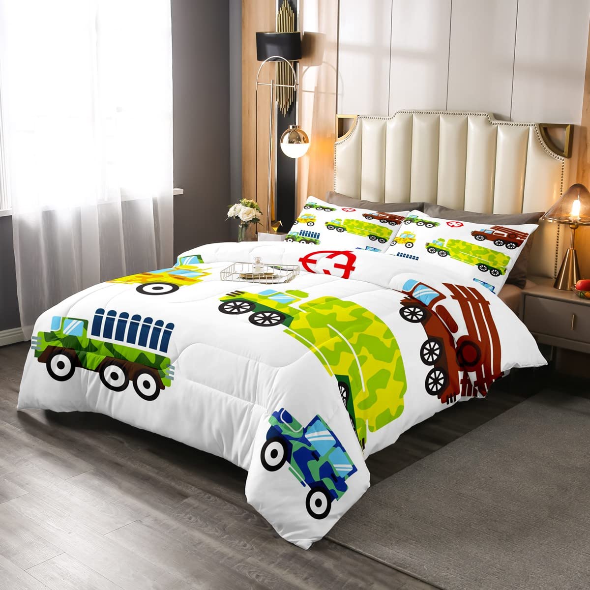 Vehicles Truck Car Duvet Set Camouflage Military Vehicle Bedding Set Armored Car for Kids Boys Girls Microfiber Duvet Insert King Size