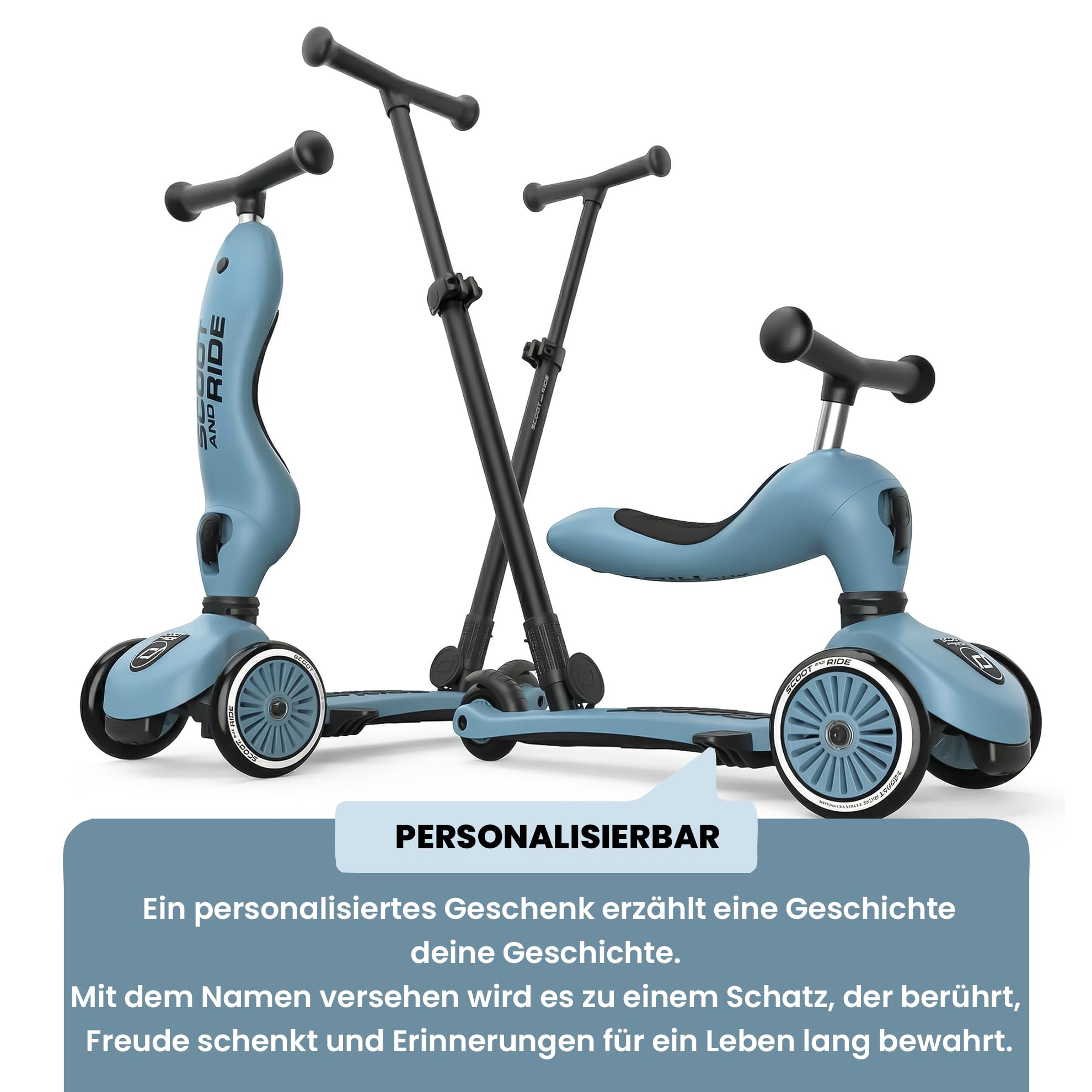 Scoot and Ride Highwaykick 1 Push & Go Steel personalisierbar – 2-in-1 mit Sitz & Schiebestange – höhenverstellbar – für Kinder 1–5 Jahre – mit Namen personalisiert