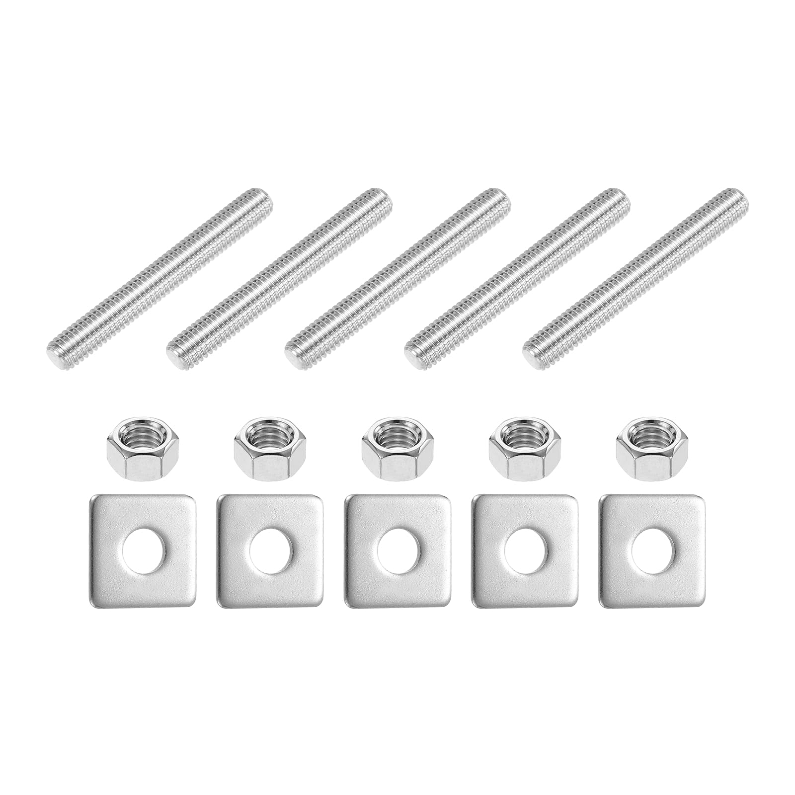 sourcing map 3/8"-16 UNC Fully All Threaded Rod, 5 Pcs 304 Stainless Steel Long Threaded Screw 76mm/3" Length Right Hand with Square Washers for Furniture Mounting Assembly Fastening
