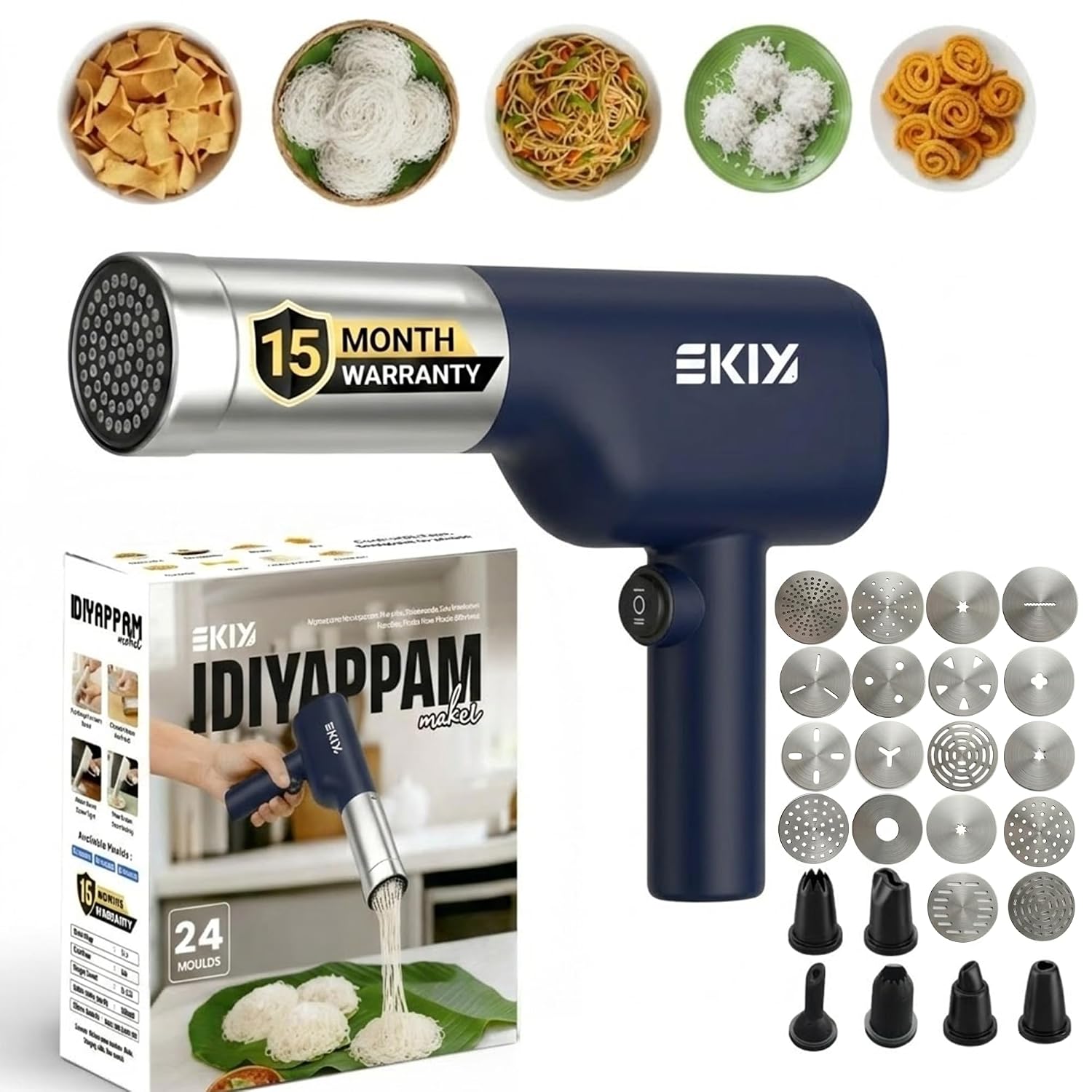 EKIY Electric 24 Mould Stainless Steel Idiyappam,Noolappam,Cakes,Muruke,Pakkavada,Noodles,Pasta Maker Machine |50 Times fo...