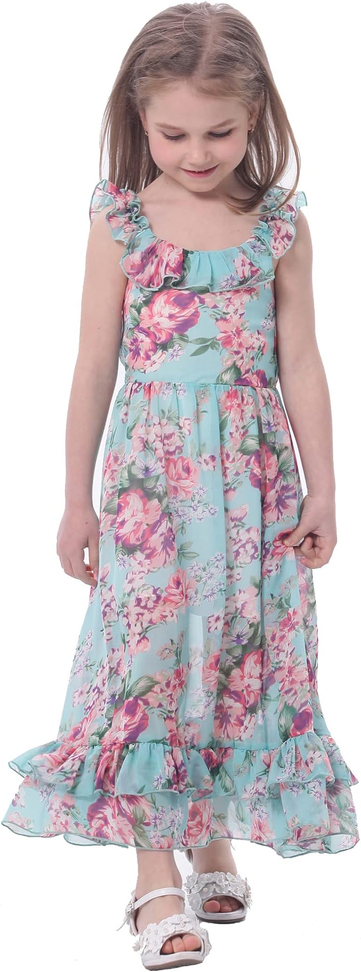 BONNY BILLY Girls Spaghetti Strap Chiffon Floral Print Casual Summer Holiday Boho Beach Maxi Long Dress