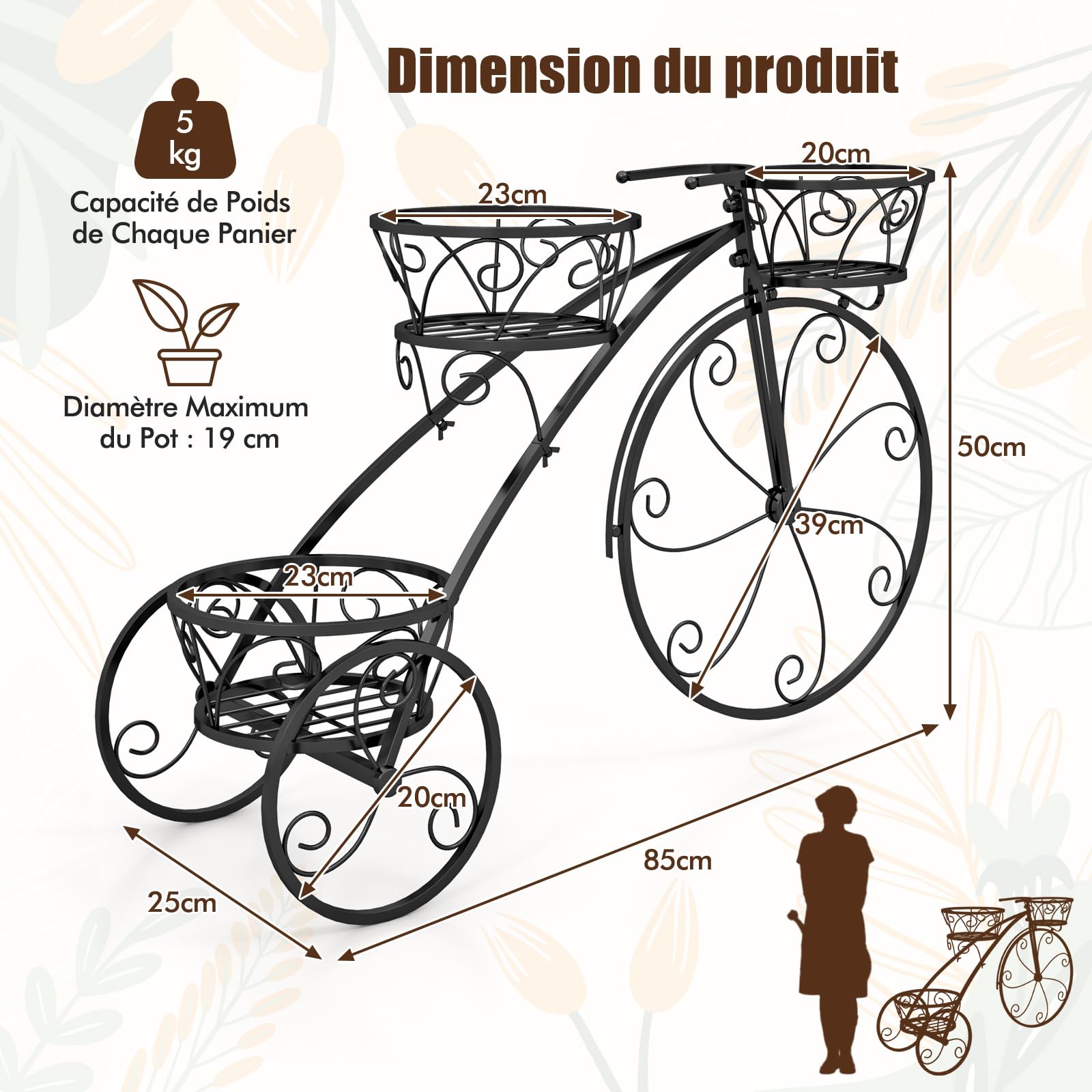 COSTWAY Support pour Plantes Tricycle, Porte-Pot de Fleurs en Métal à 3 Niveaux avec 3 Panier Découpés et Roues Élégantes Style Parisien, pour Patio Jardin Balcon (Noir)