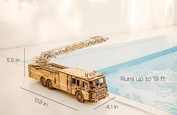 Wood Trick Rescue Firetruck Movable - Rotating Extendable Ladder - 3D Wooden Puzzles for Adults to Build - Rides up to 20 ft - Wooden Models Engineering DIY Project Mechanical Model Kit