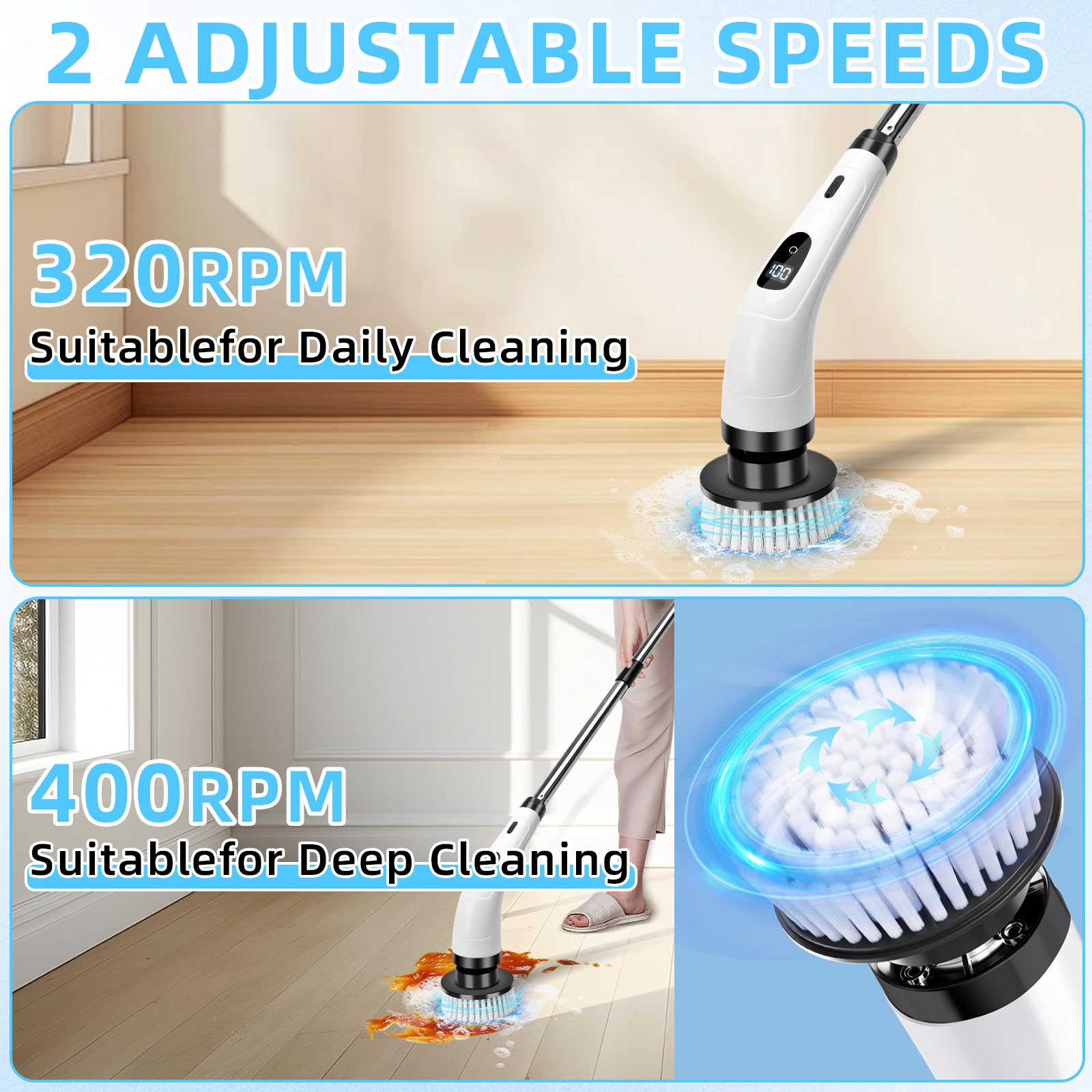 Brosse électrique Nettoyage Rotative, Brosse de Douche avec 8 Têtes de Brosses Remplaçables, Electric Spin Scrubber, Manche Extensible, 2 Vitesses, étanche IPX7, pour Salle de Bain Cuisine Voiture