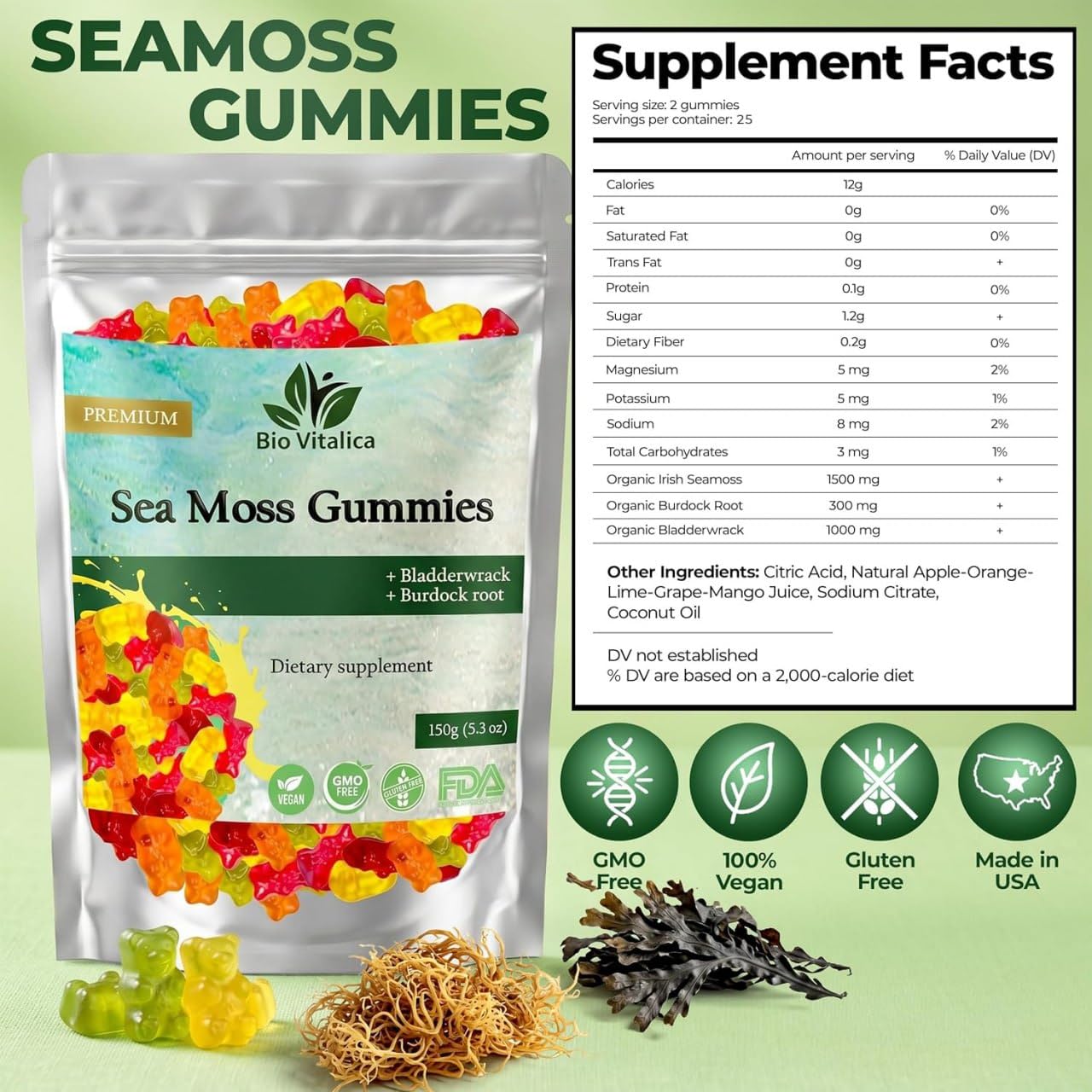Sea Moss Gummies - Irish sea Moss raw Organic, Bladderwrack, Burdock Root. Contains Sea Moss Gel and Powder. Superfoods for Vegan, Keto and Dr Sebi Diet. Immune Boosting (1, Original) — Amazon image 2