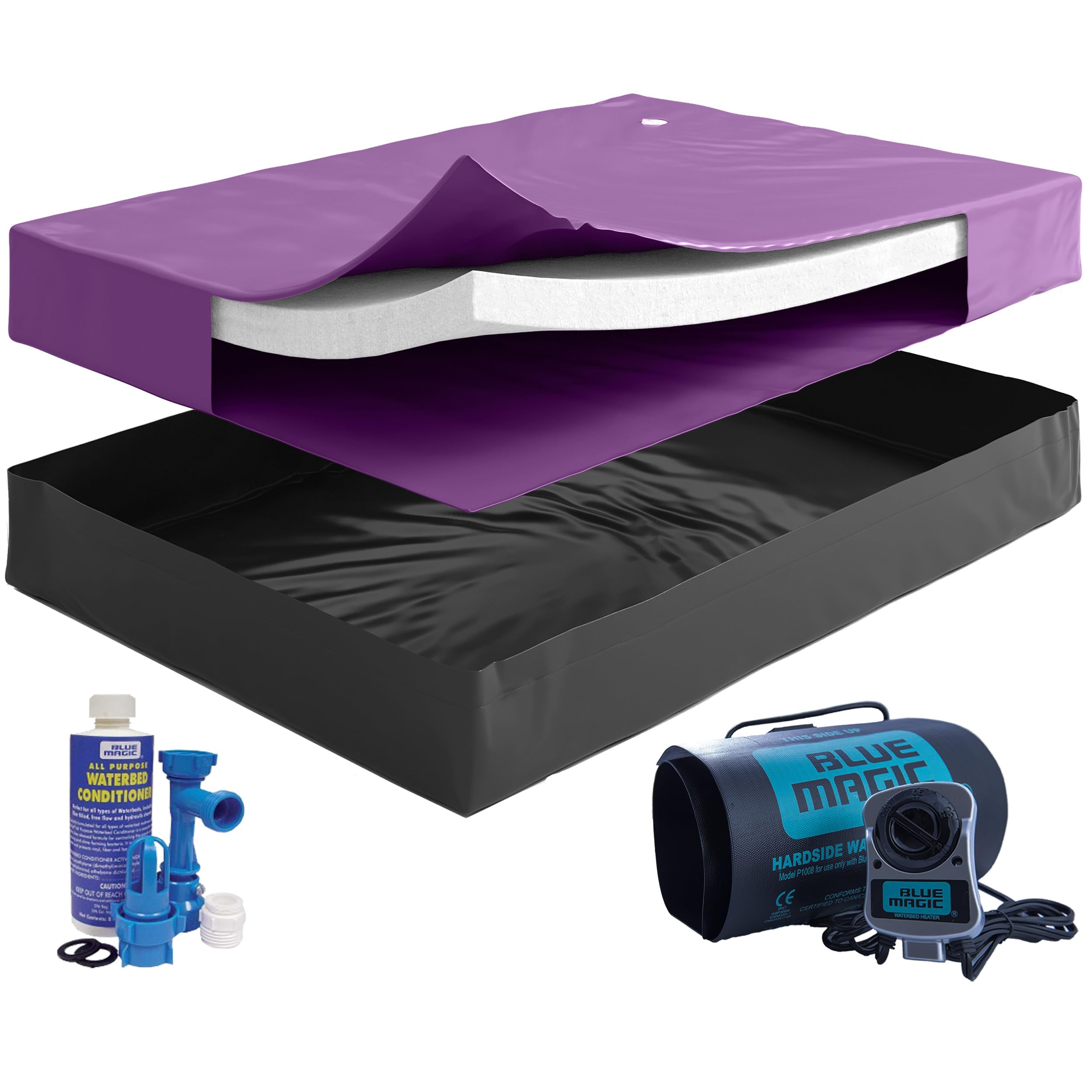 Blue Magic 30% Semi-Waveless Waterbed Mattress Bundle with 300W Heater, Fill & Drain Kit, Conditioner, Stand-Up Liner - Frame Not Included (Queen)