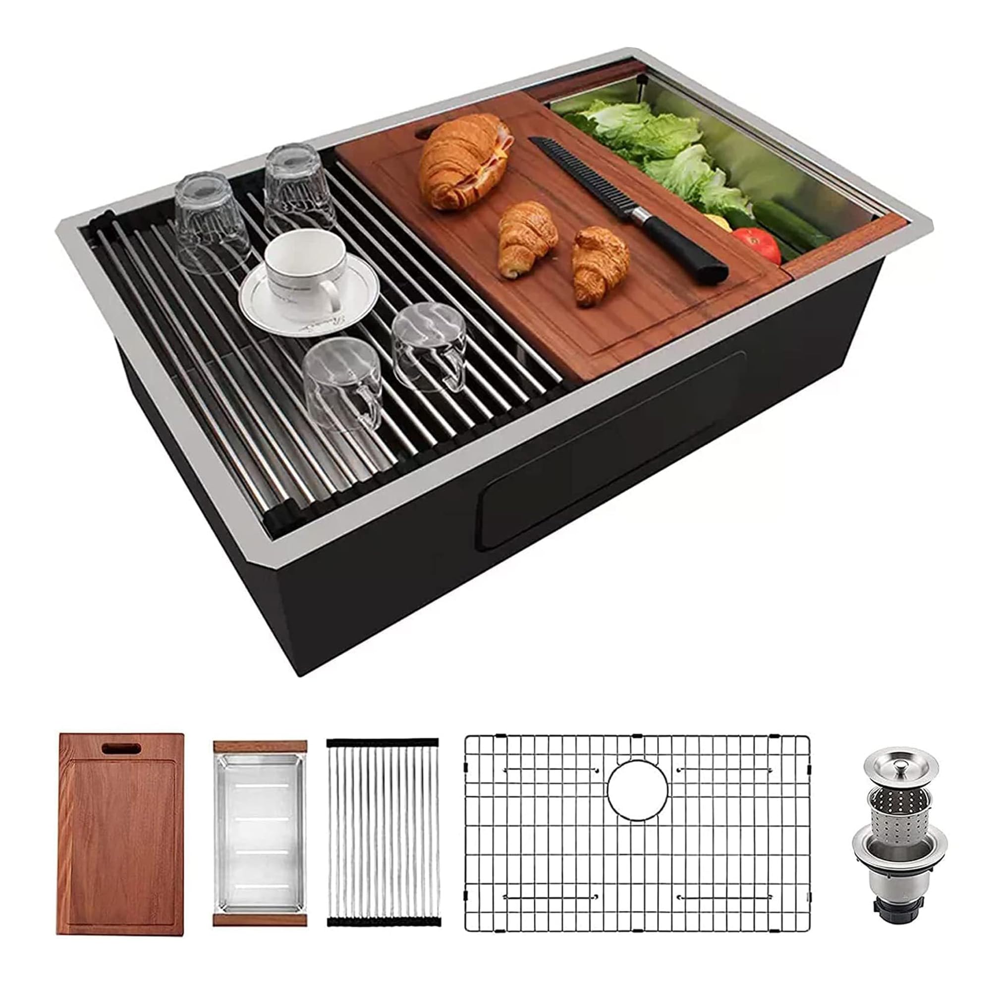 Lavello da cucina sottopiano da 81,3 cm, in acciaio inox, realizzato a mano, moderno, a vasca singola, profondo, R10, con sporgenza e accessori (confezione da 5)