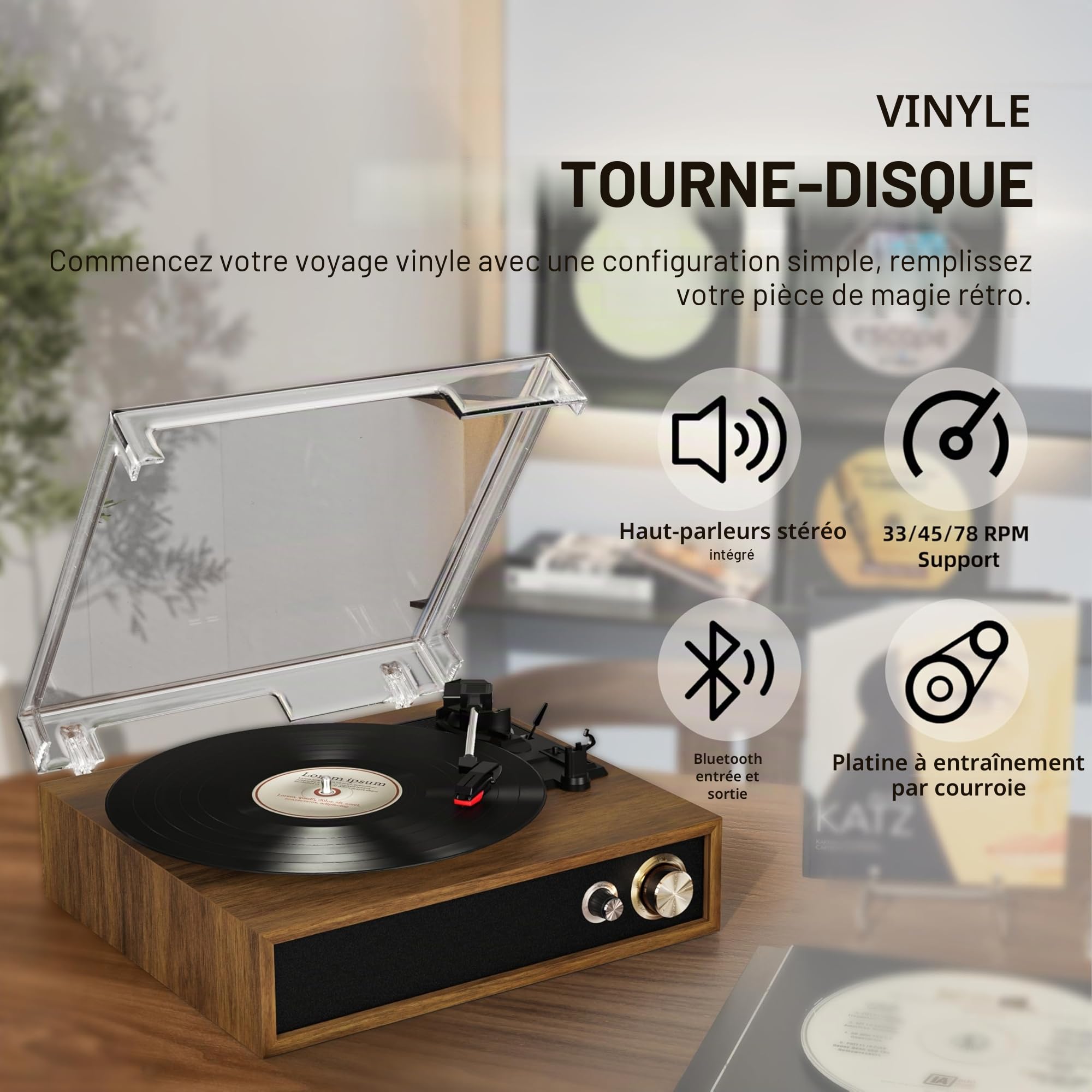FYDEE Platine Vinyle avec Lecture et Enregistrement USB, Bluetooth Bidirectionnel, Vitesses 33/45/78 Tours, Haut-parleurs Stéréo Intégrés, Sortie RCA et Couvercle Anti-poussière Transparent - Teck