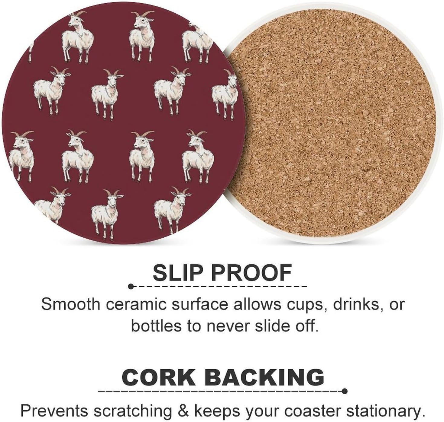 Goat Pattern Round Ceramic Coasters for Drinks Absorbent Cup Holder Tabletop Protector with Cork Base